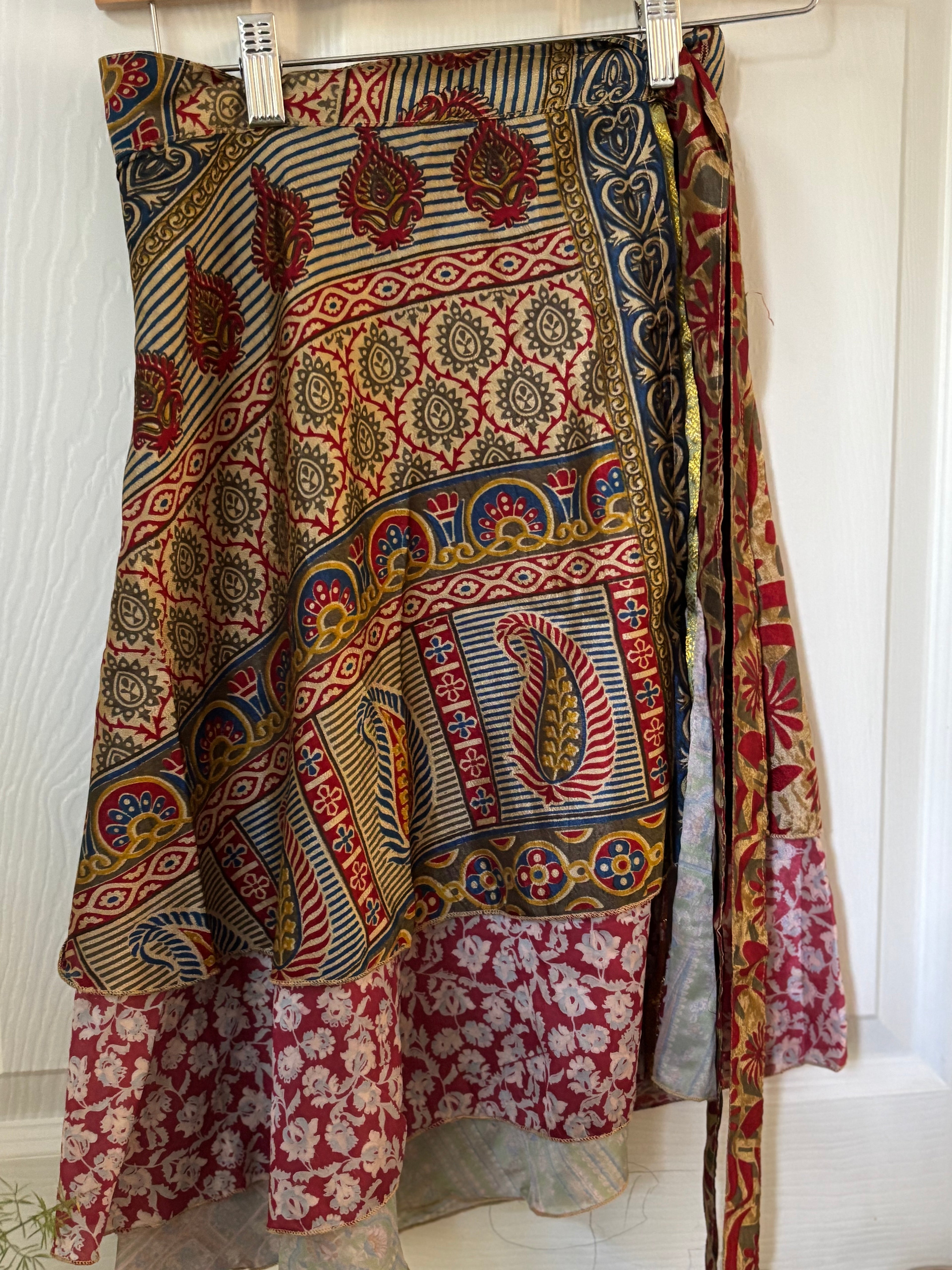 Knee Length Bohemian Flowy Dancing Worship Skirt | Indian Silk Sari Wrap Skirt - Double Layer , Reversible