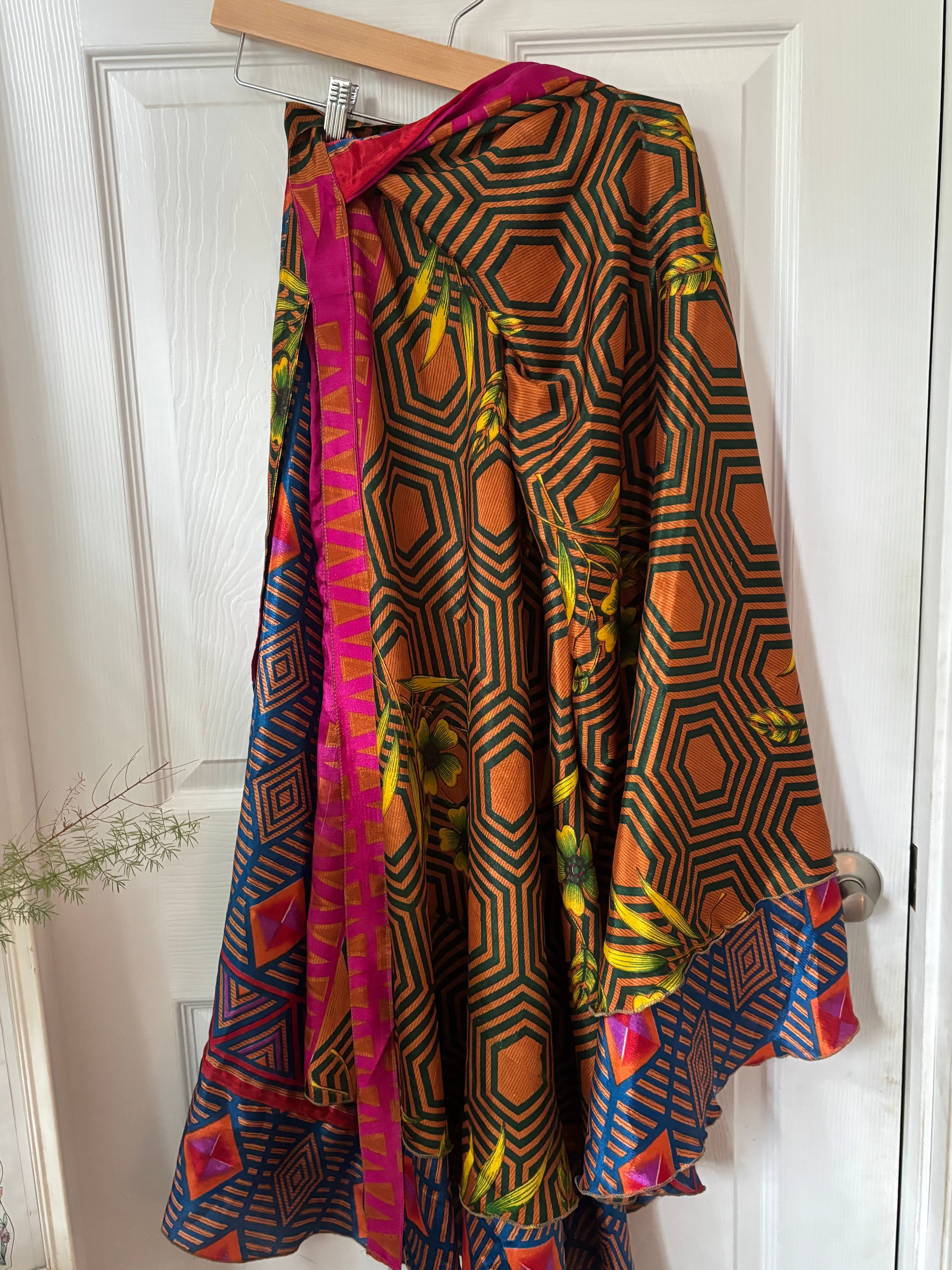 Warfare Worship Skirt | Bohemian Flowy Indian Silk Sari Wrap Skirt - Double Layer , Reversible | Free Flow Dancing Skirt