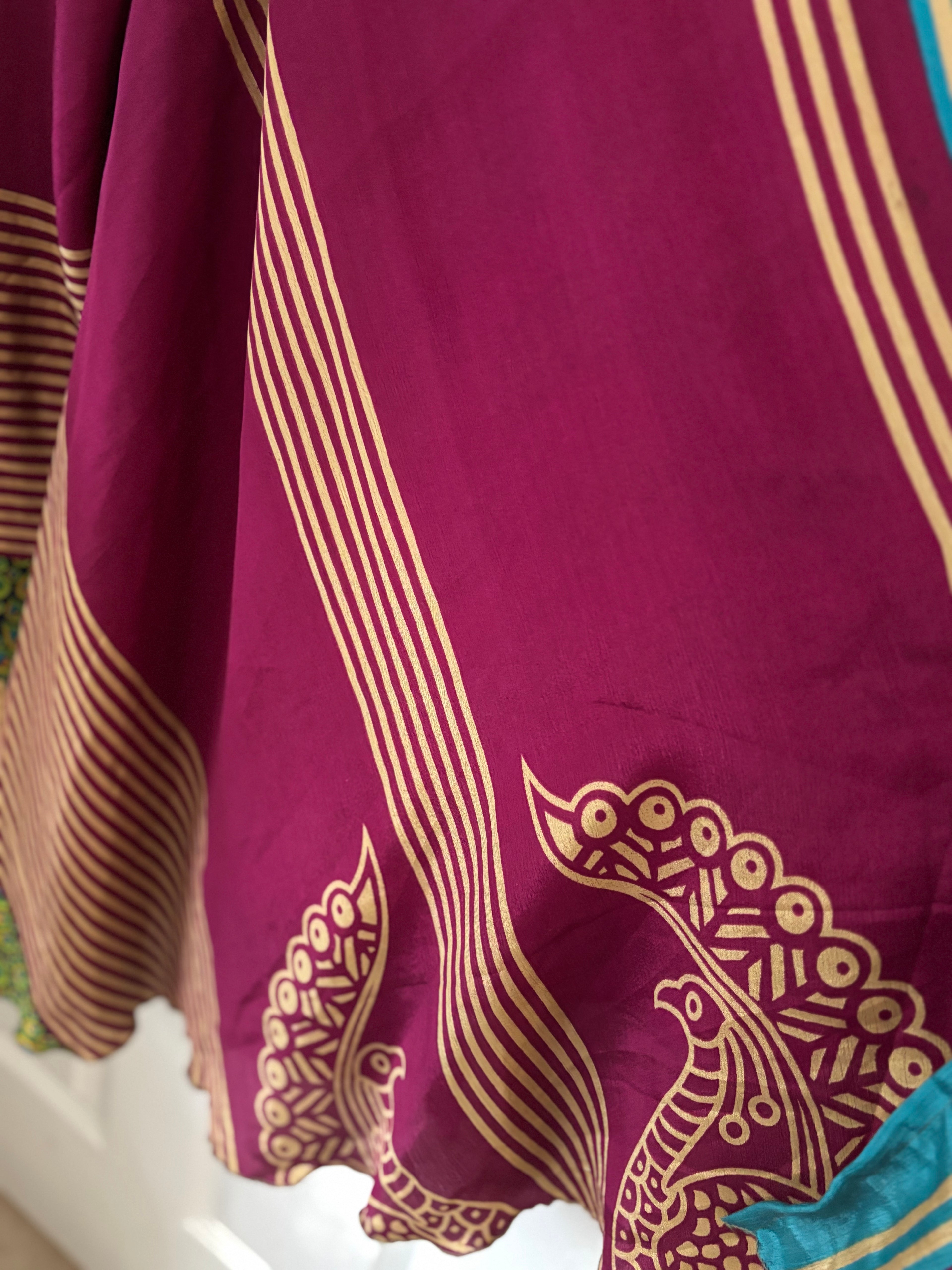Warfare Worship Skirt | Bohemian Flowy Indian Silk Sari Wrap Skirt - Double Layer , Reversible | Free Flow Dancing Skirt
