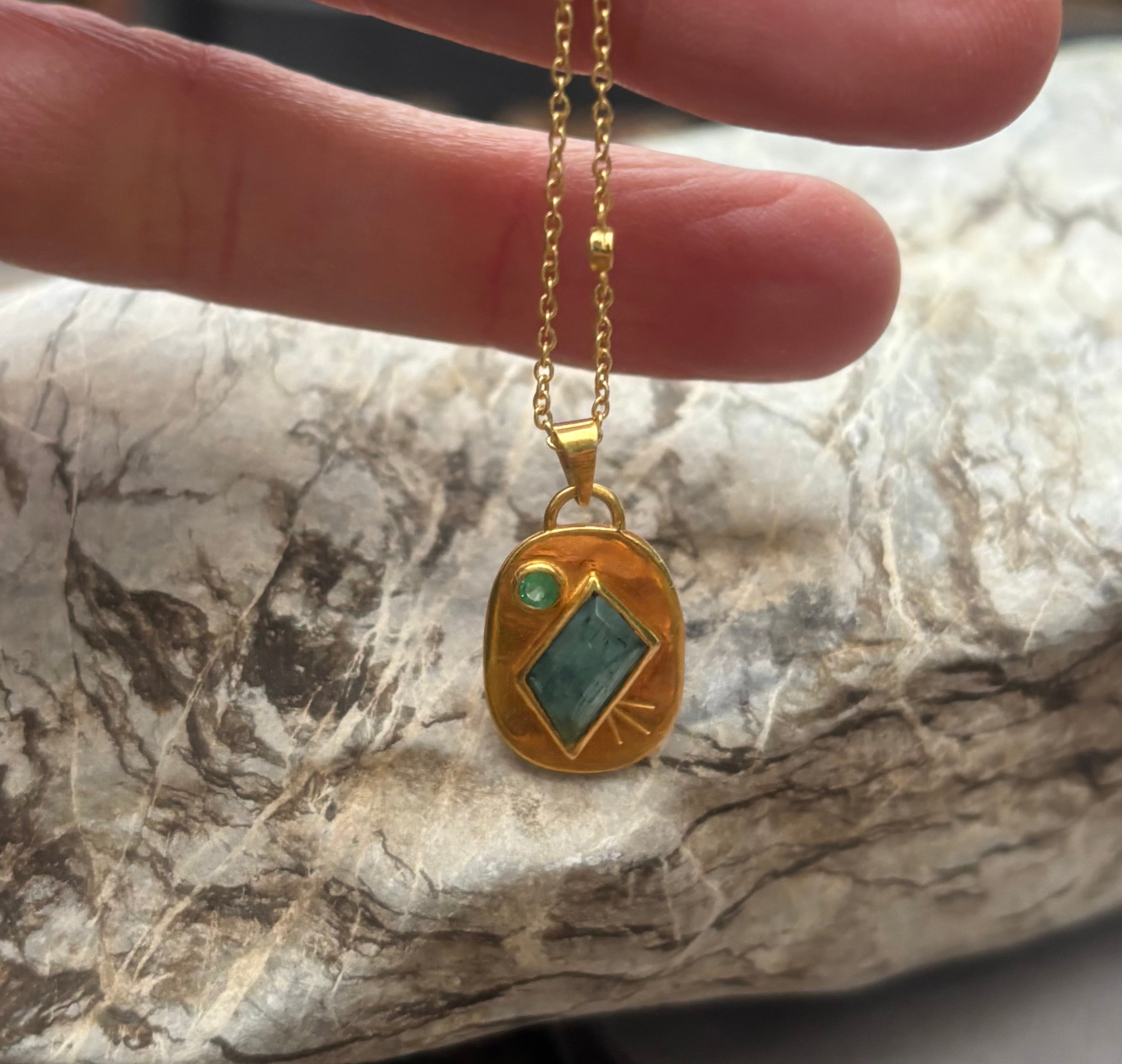 14k Gold Tourmaline + Zambian Emerald Etched Oval Coin Necklace