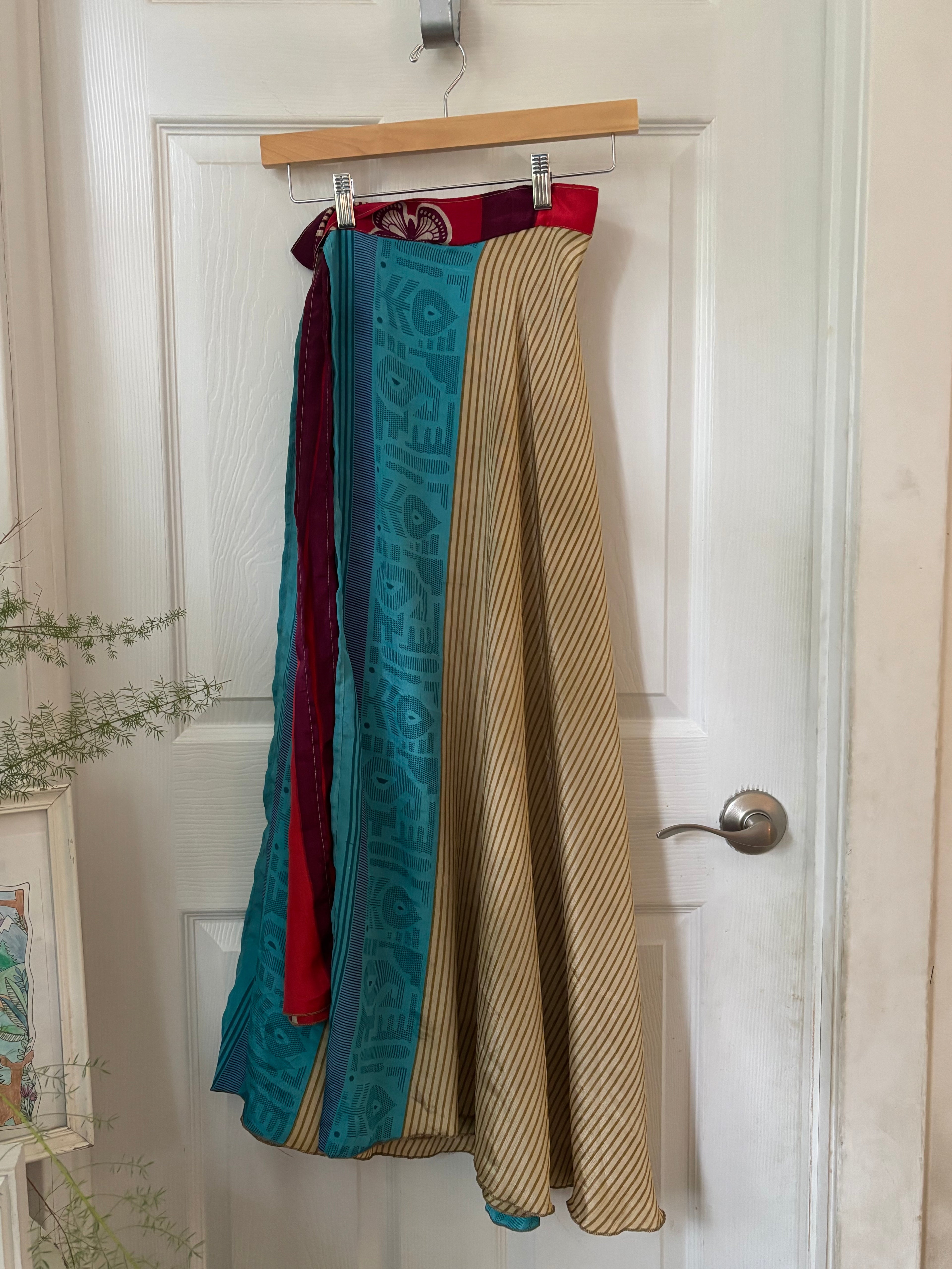 Warfare Worship Skirt | Bohemian Flowy Indian Silk Sari Wrap Skirt - Double Layer , Reversible | Free Flow Dancing Skirt