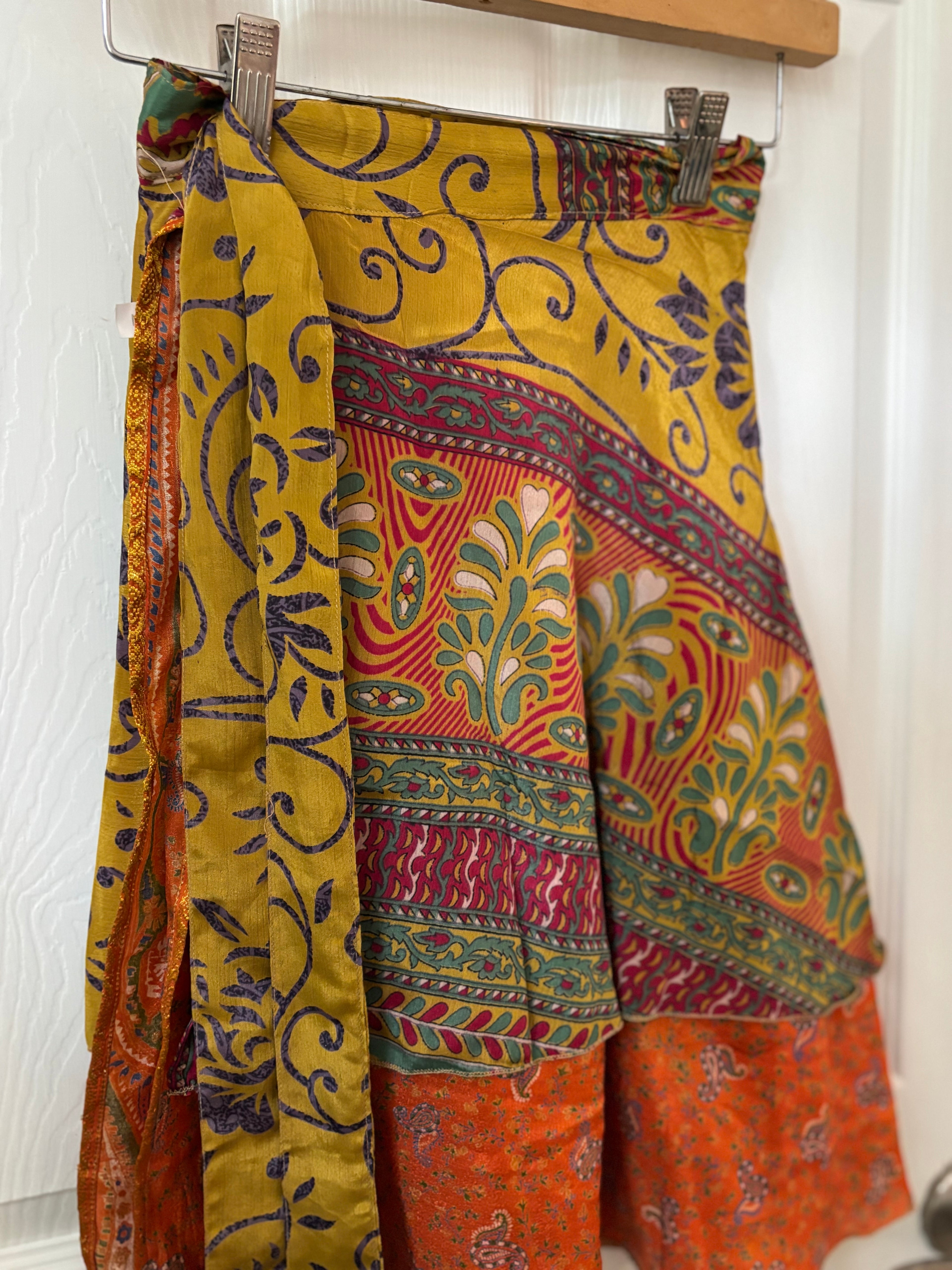 Knee Length Bohemian Flowy Dancing Worship Skirt | Indian Silk Sari Wrap Skirt - Double Layer , Reversible