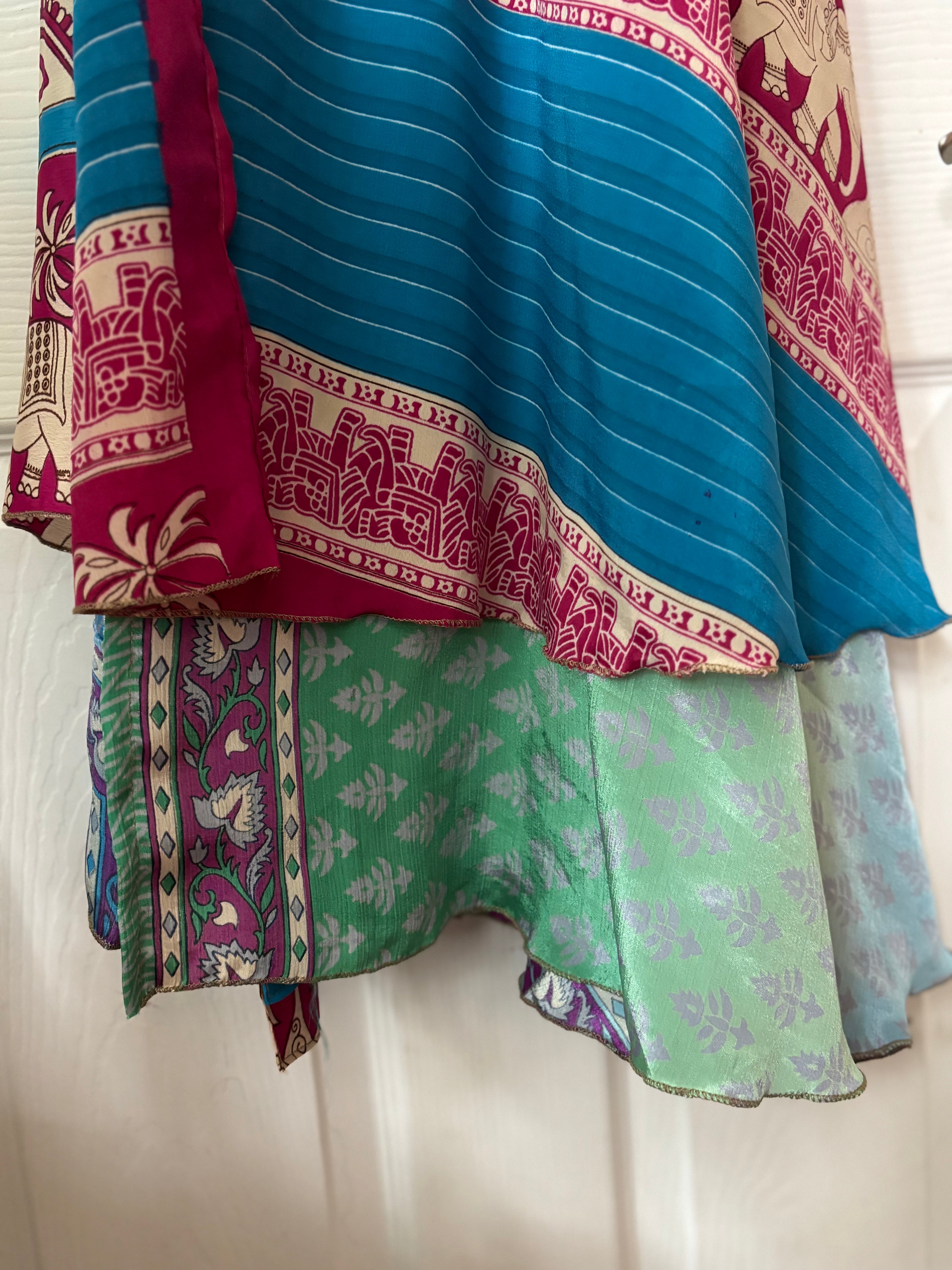 Warfare Worship Skirt | Bohemian Flowy Indian Silk Sari Wrap Skirt - Double Layer , Reversible | Free Flow Dancing Skirt