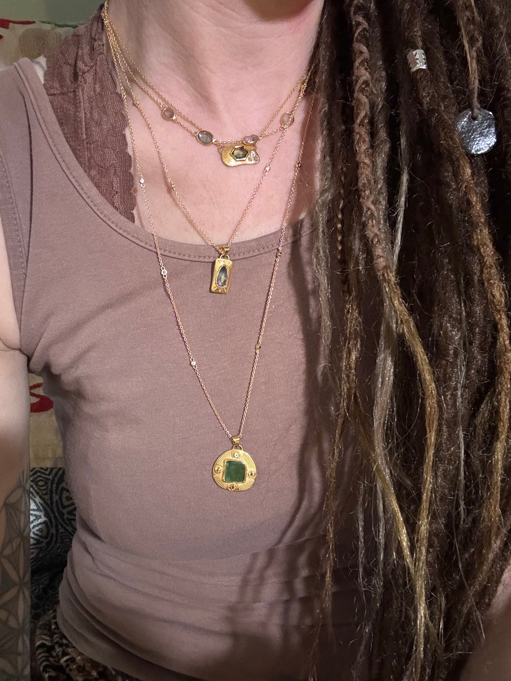 14k Gold Rosecut Bicolor Tourmaline Etched Necklace