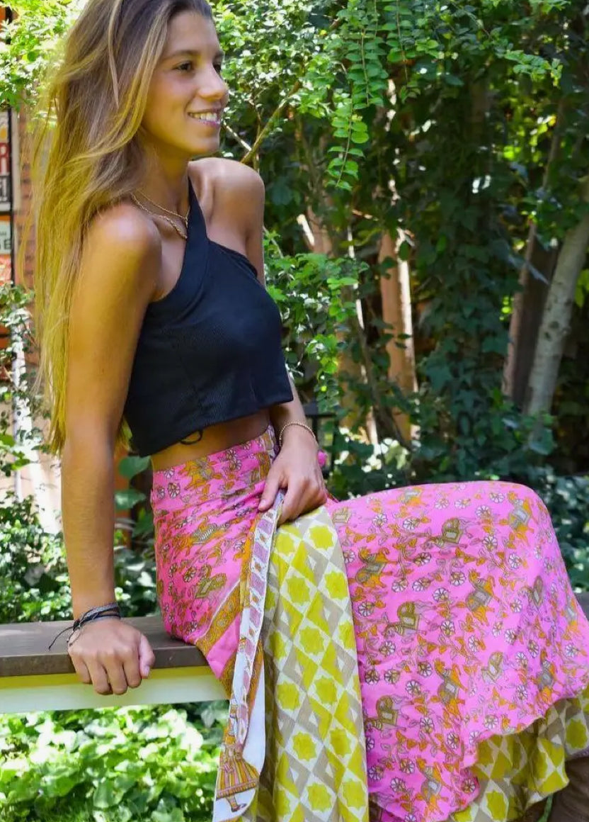 Bohemian Flowy Indian Silk Sari Wrap Skirt - Double Layer , Reversible | Free Flow Dancing Skirt
