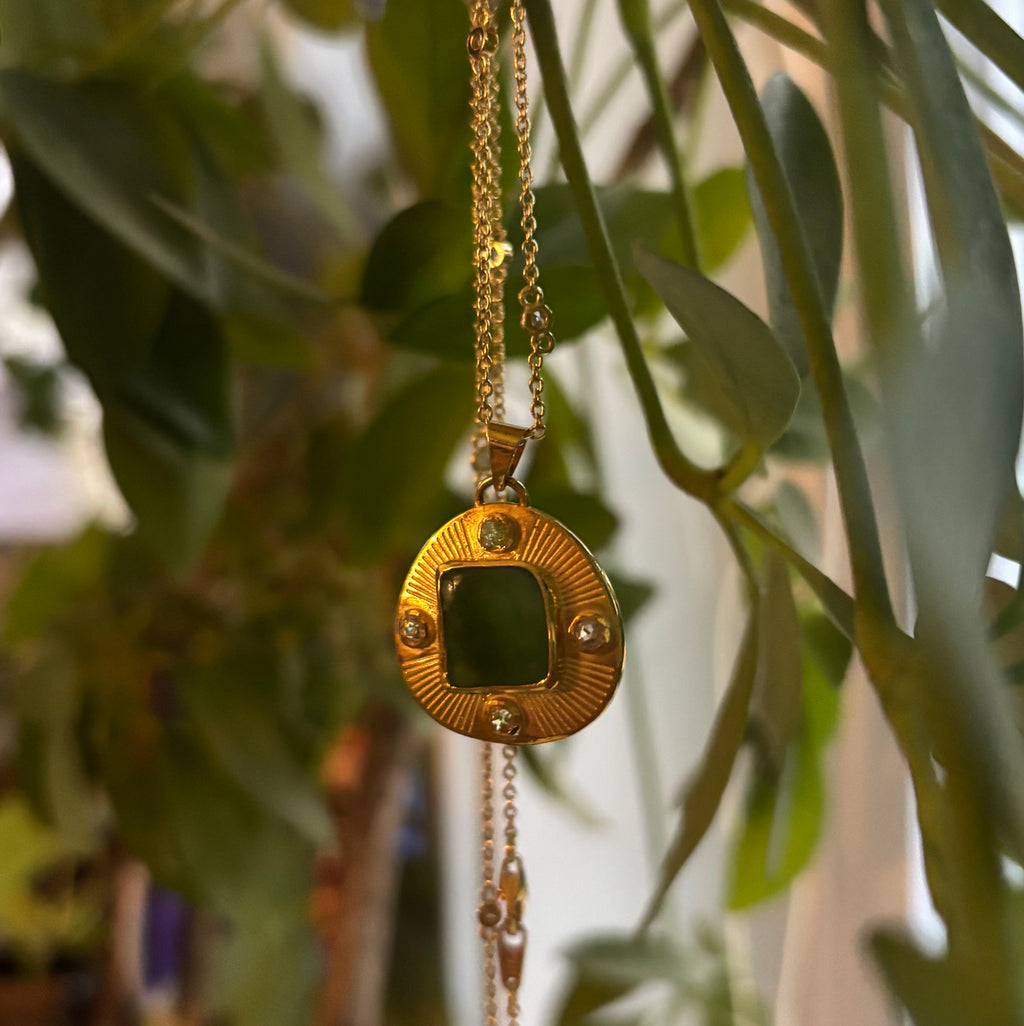 14k Gold Green Jade + Sapphire Hand Etched Necklace