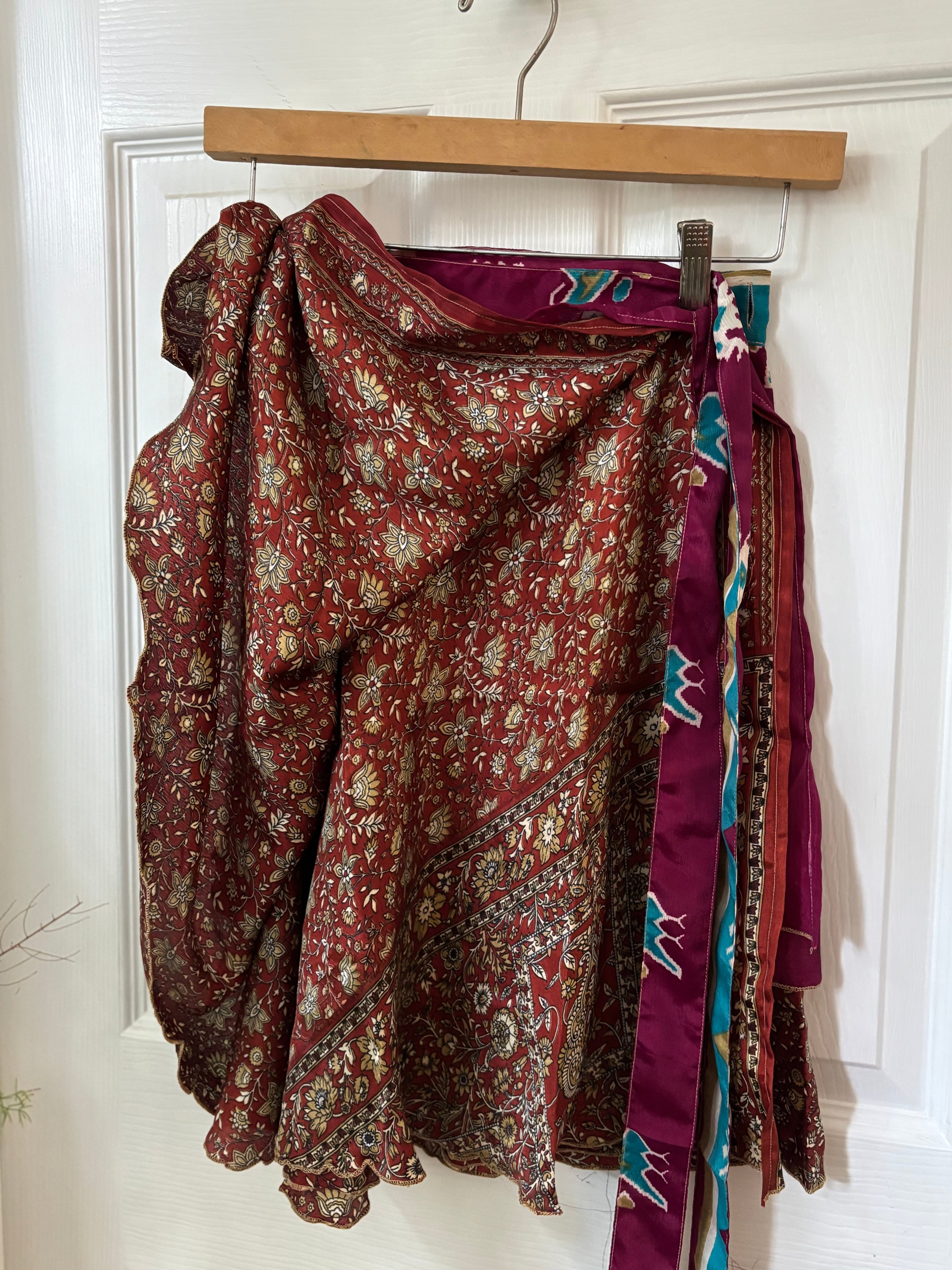 Knee Length Bohemian Flowy Dancing Worship Skirt | Indian Silk Sari Wrap Skirt - Double Layer , Reversible