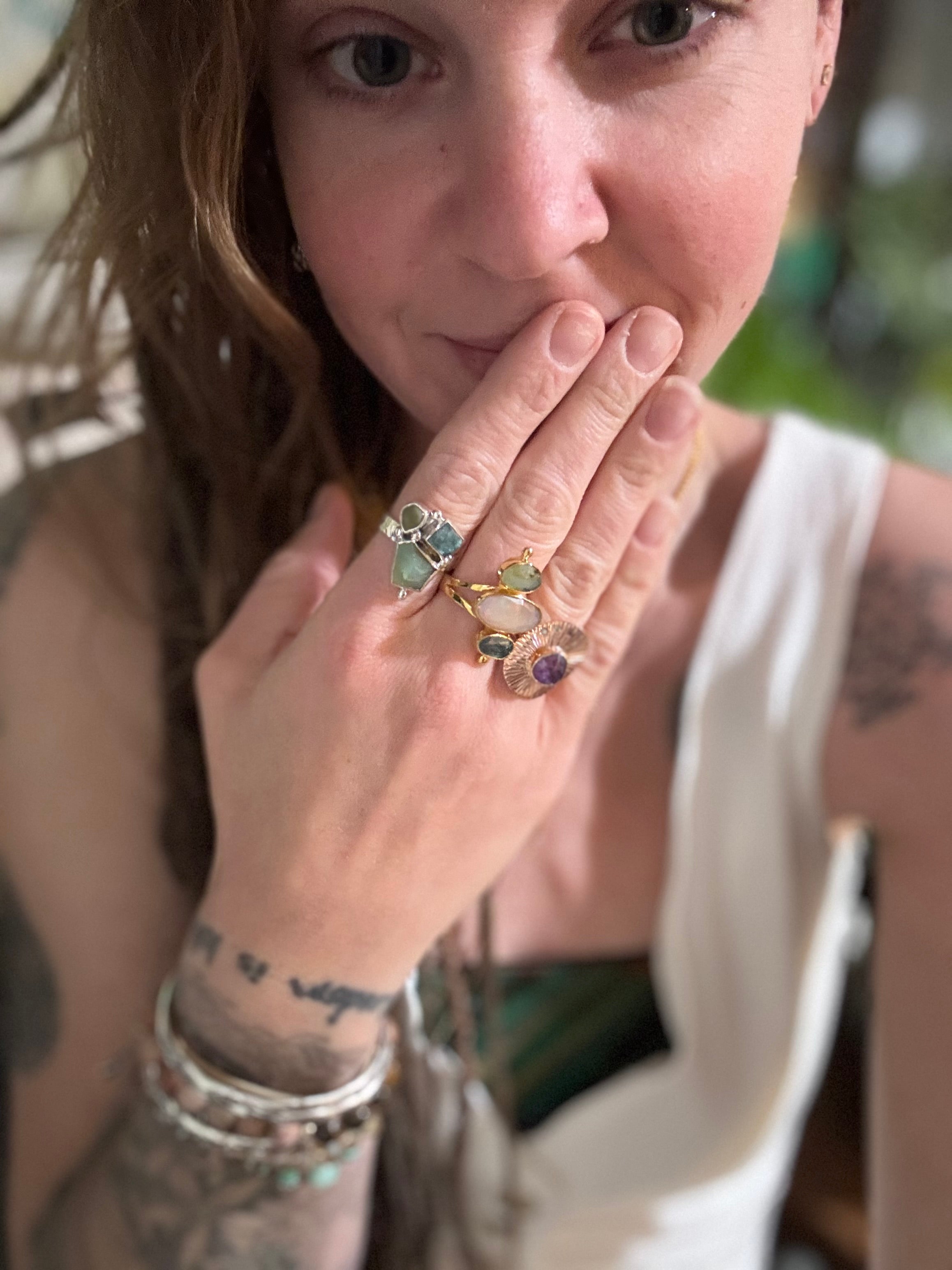 The Stevi Sunburst Ring ~ 14K Gold over 925 Sterling Silver | Rosecut Amethyst + Salt & Pepper Diamonds | Size 8