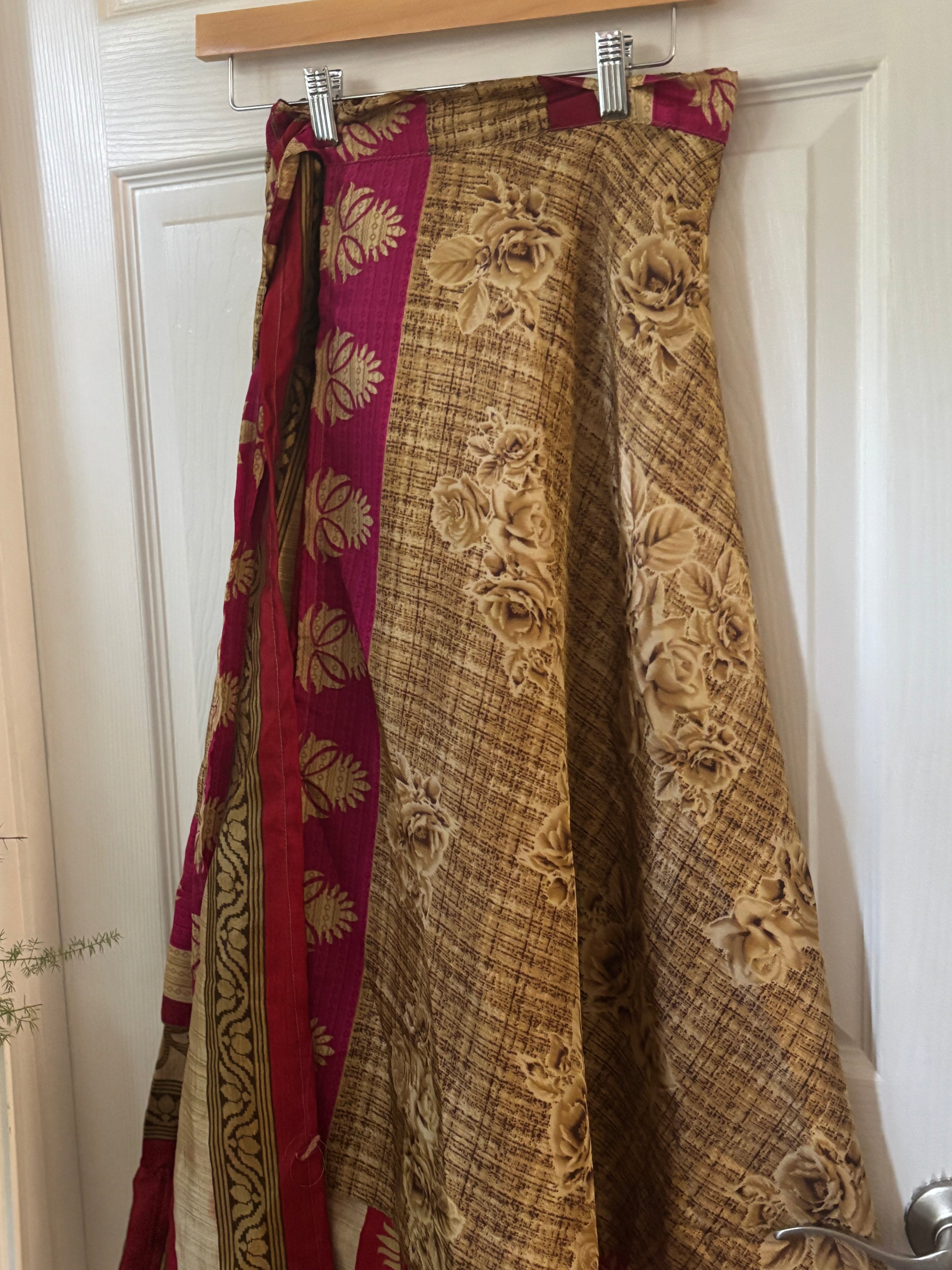 Bohemian Flowy Indian Silk Sari Wrap Skirt - Double Layer , Reversible | Free Flow Dancing Skirt