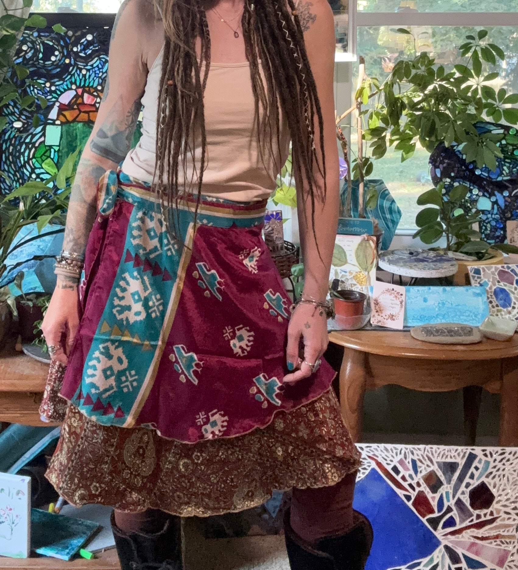 Knee Length Bohemian Flowy Dancing Worship Skirt | Indian Silk Sari Wrap Skirt - Double Layer , Reversible