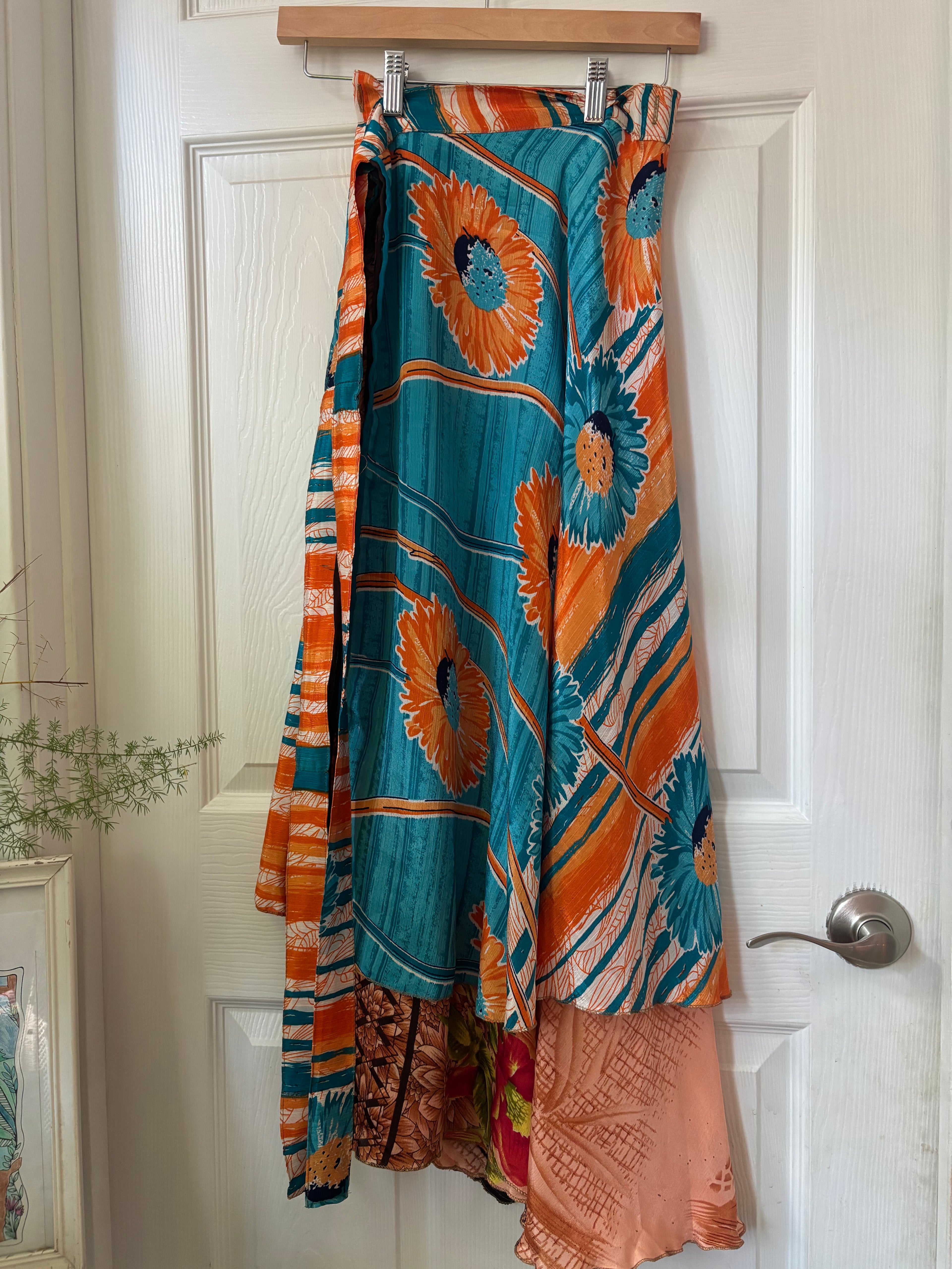 Indian Silk Sari Wrap Skirt - Double Layer , Reversible | Free Flow Dancing Skirt