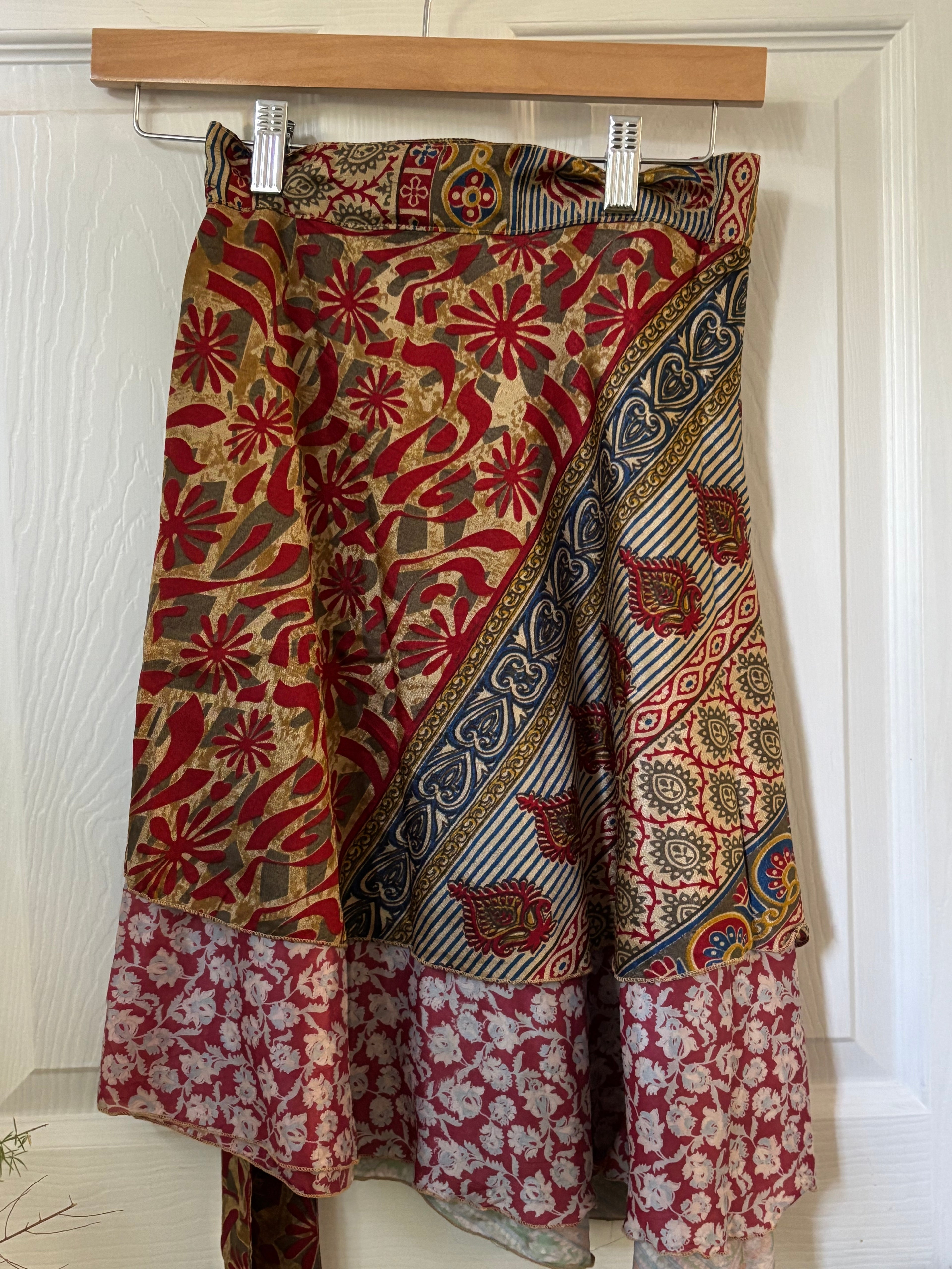 Knee Length Bohemian Flowy Dancing Worship Skirt | Indian Silk Sari Wrap Skirt - Double Layer , Reversible