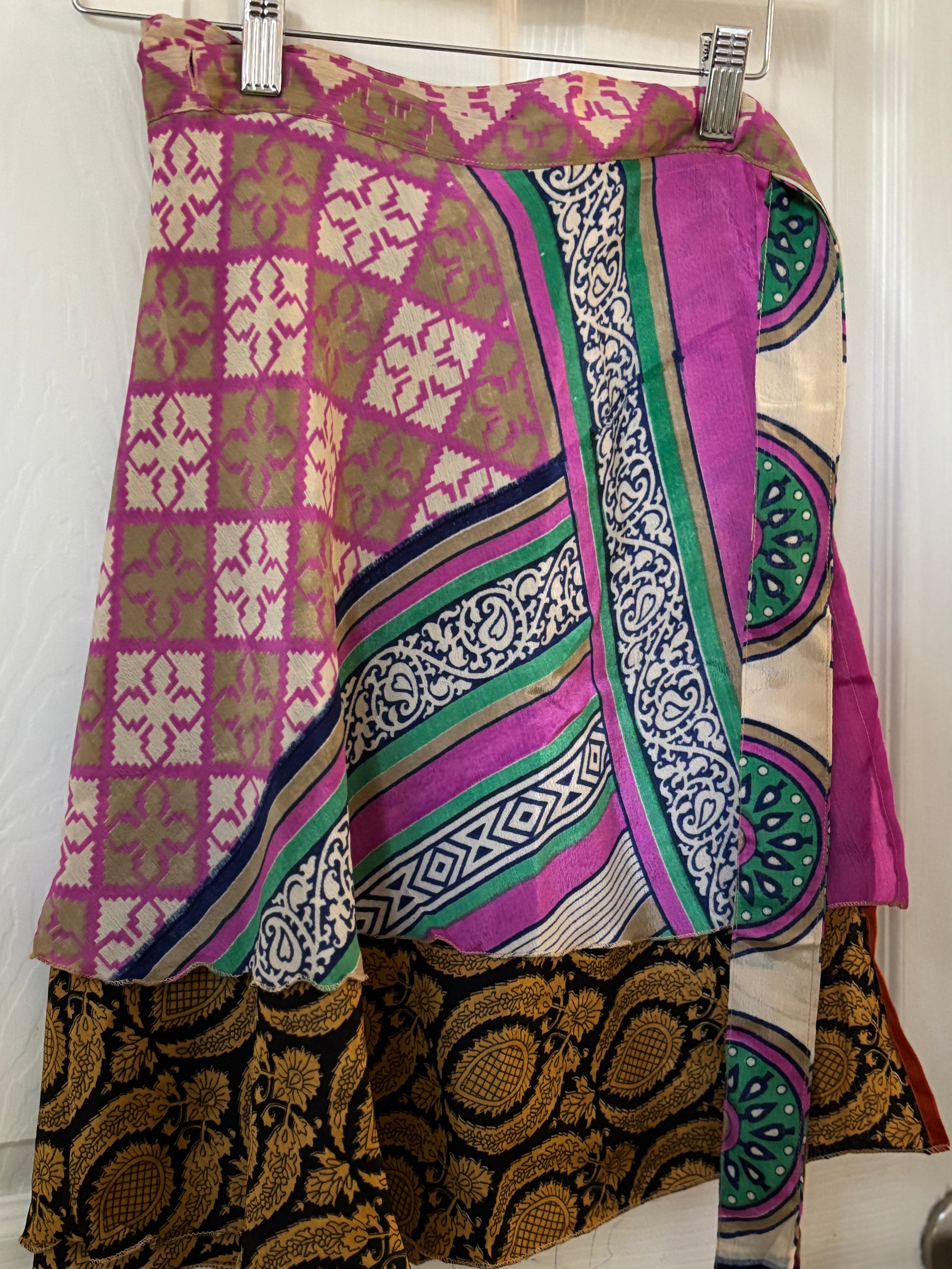 Knee Length Bohemian Flowy Dancing Worship Skirt | Indian Silk Sari Wrap Skirt - Double Layer , Reversible