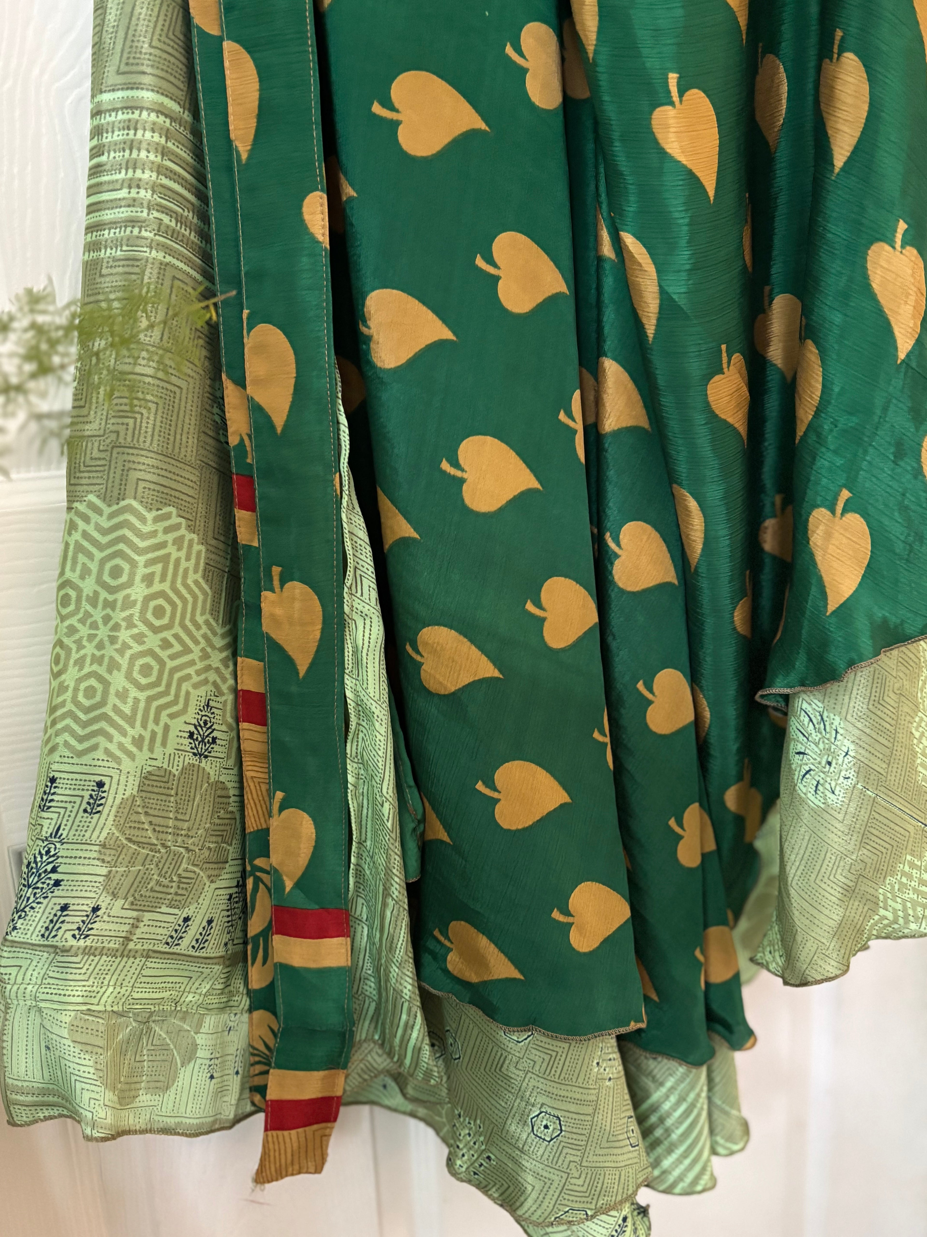 Warfare Worship Skirt | Bohemian Flowy Indian Silk Sari Wrap Skirt - Double Layer , Reversible | Free Flow Dancing Skirt