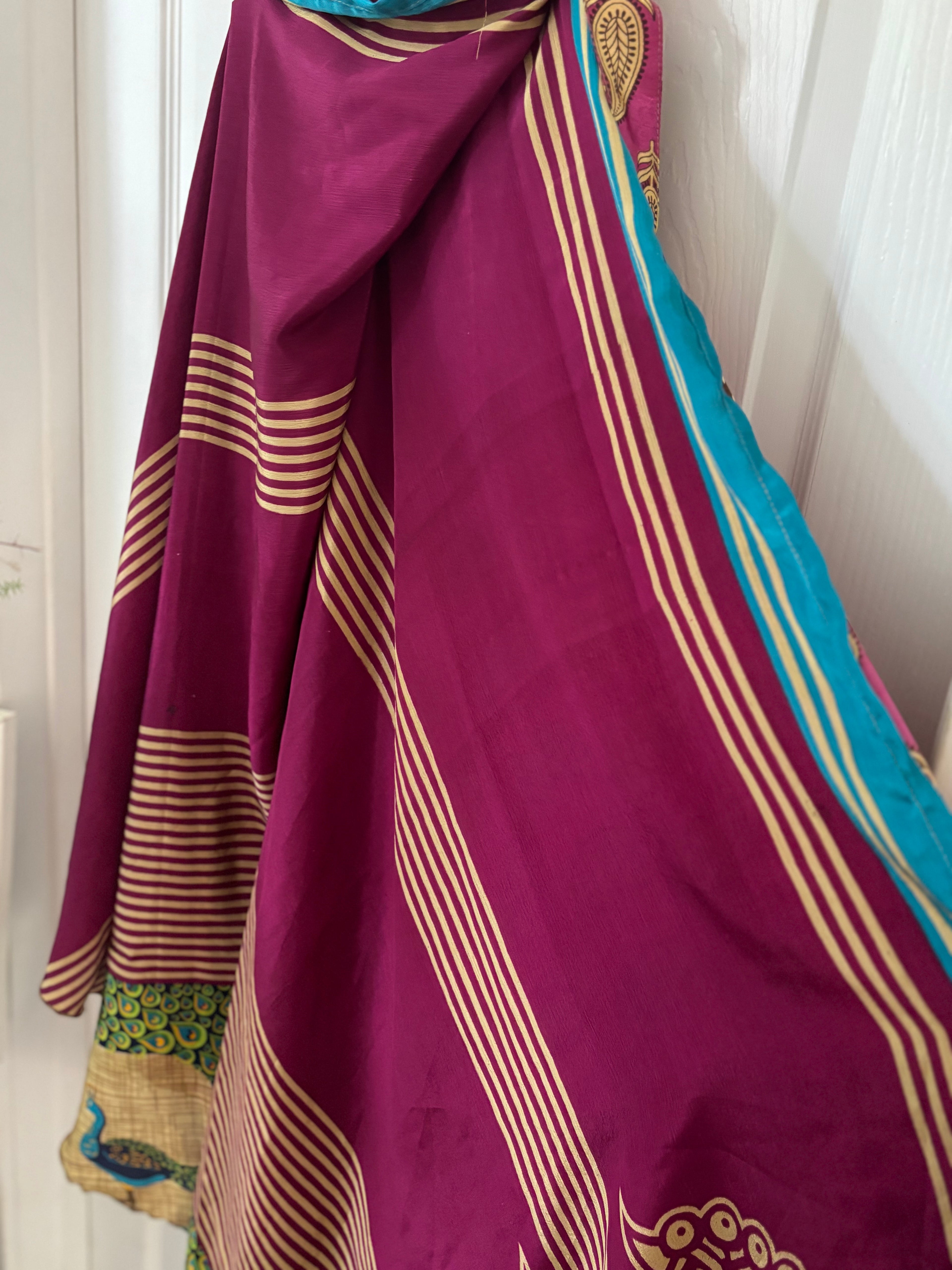 Warfare Worship Skirt | Bohemian Flowy Indian Silk Sari Wrap Skirt - Double Layer , Reversible | Free Flow Dancing Skirt