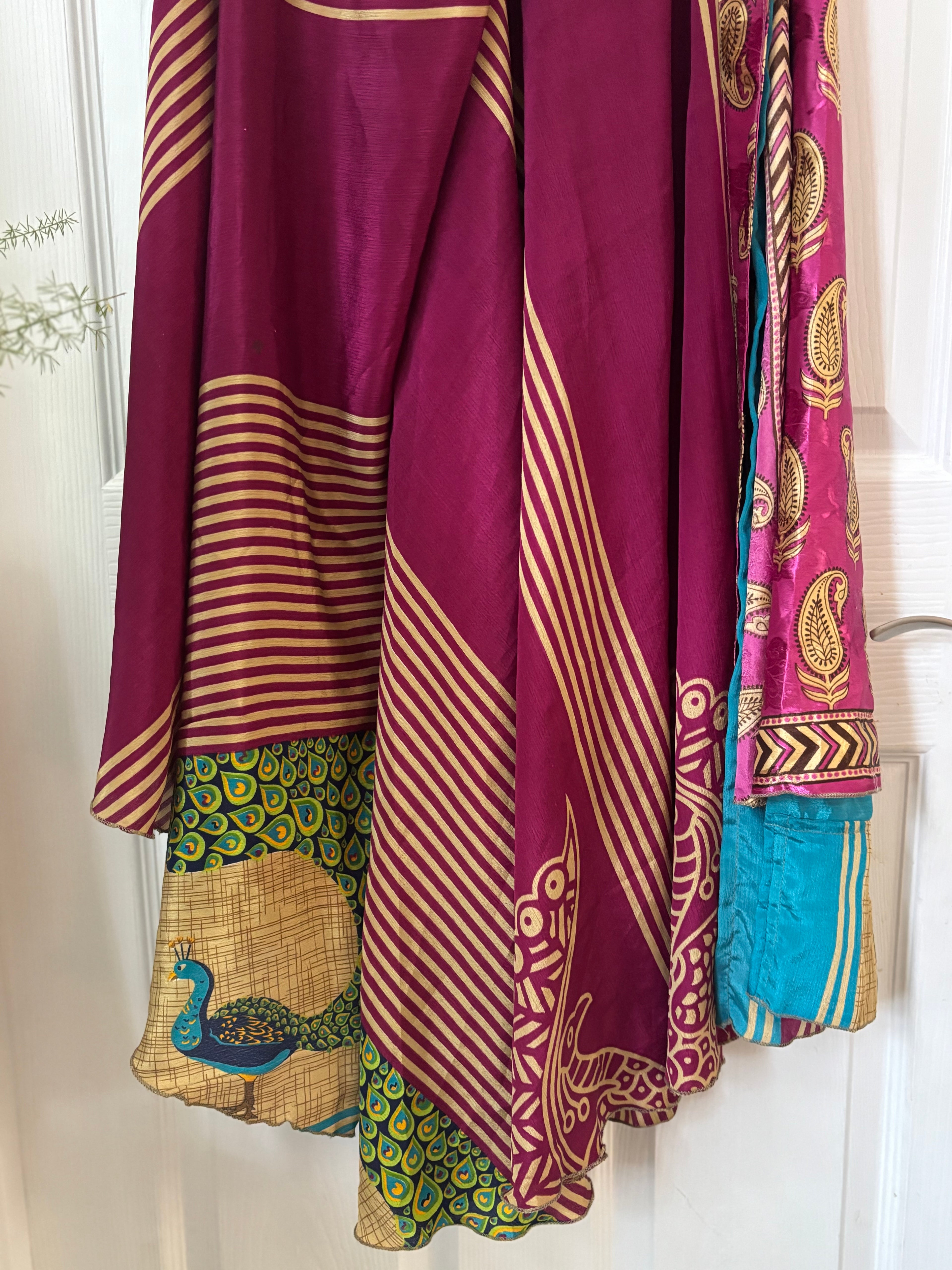 Warfare Worship Skirt | Bohemian Flowy Indian Silk Sari Wrap Skirt - Double Layer , Reversible | Free Flow Dancing Skirt