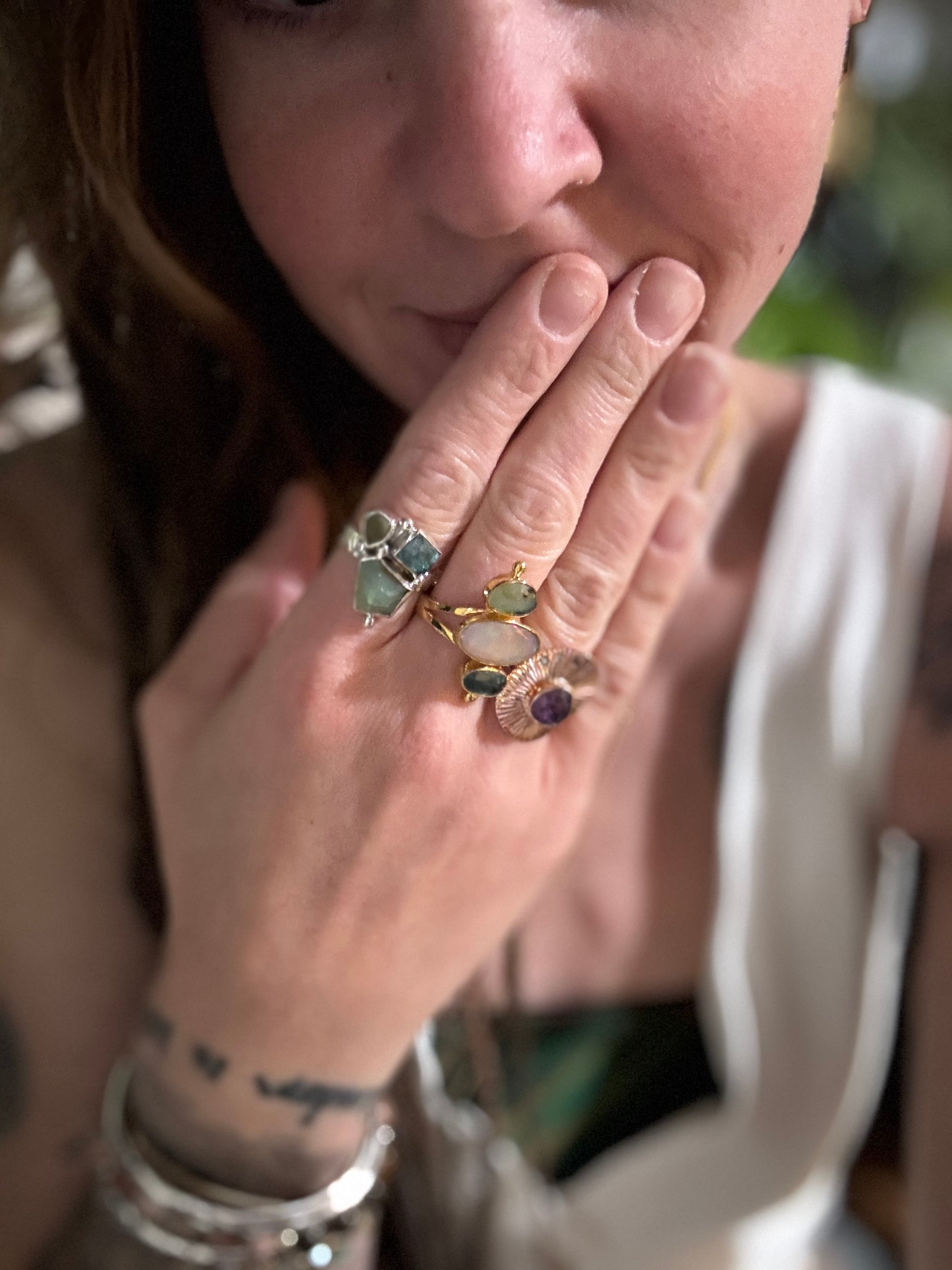 CUSTOM Ring ~ 925 Sterling Silver | Peruvian Opal + Jade + Tourmaline | Size 8