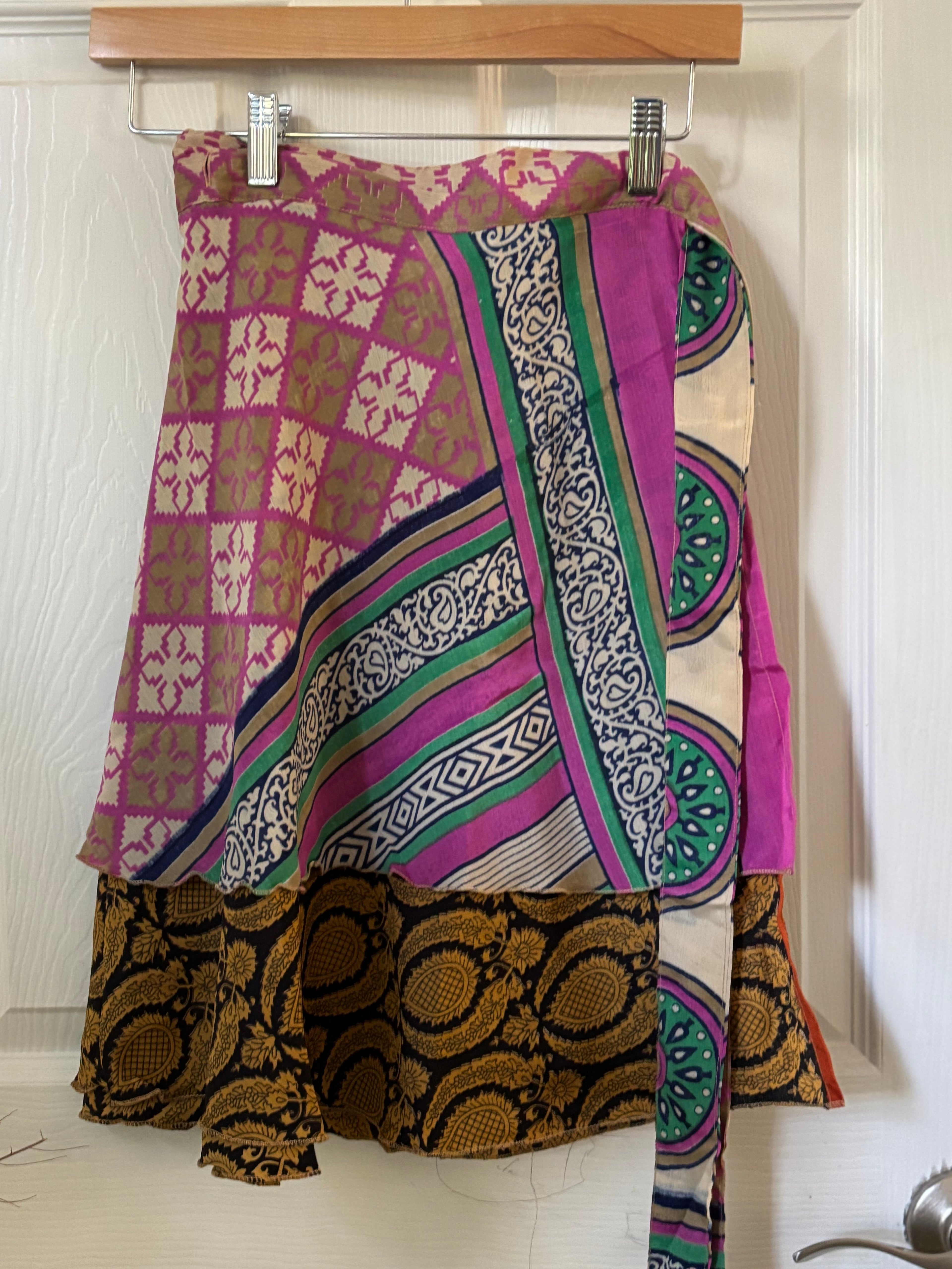 Knee Length Bohemian Flowy Dancing Worship Skirt | Indian Silk Sari Wrap Skirt - Double Layer , Reversible