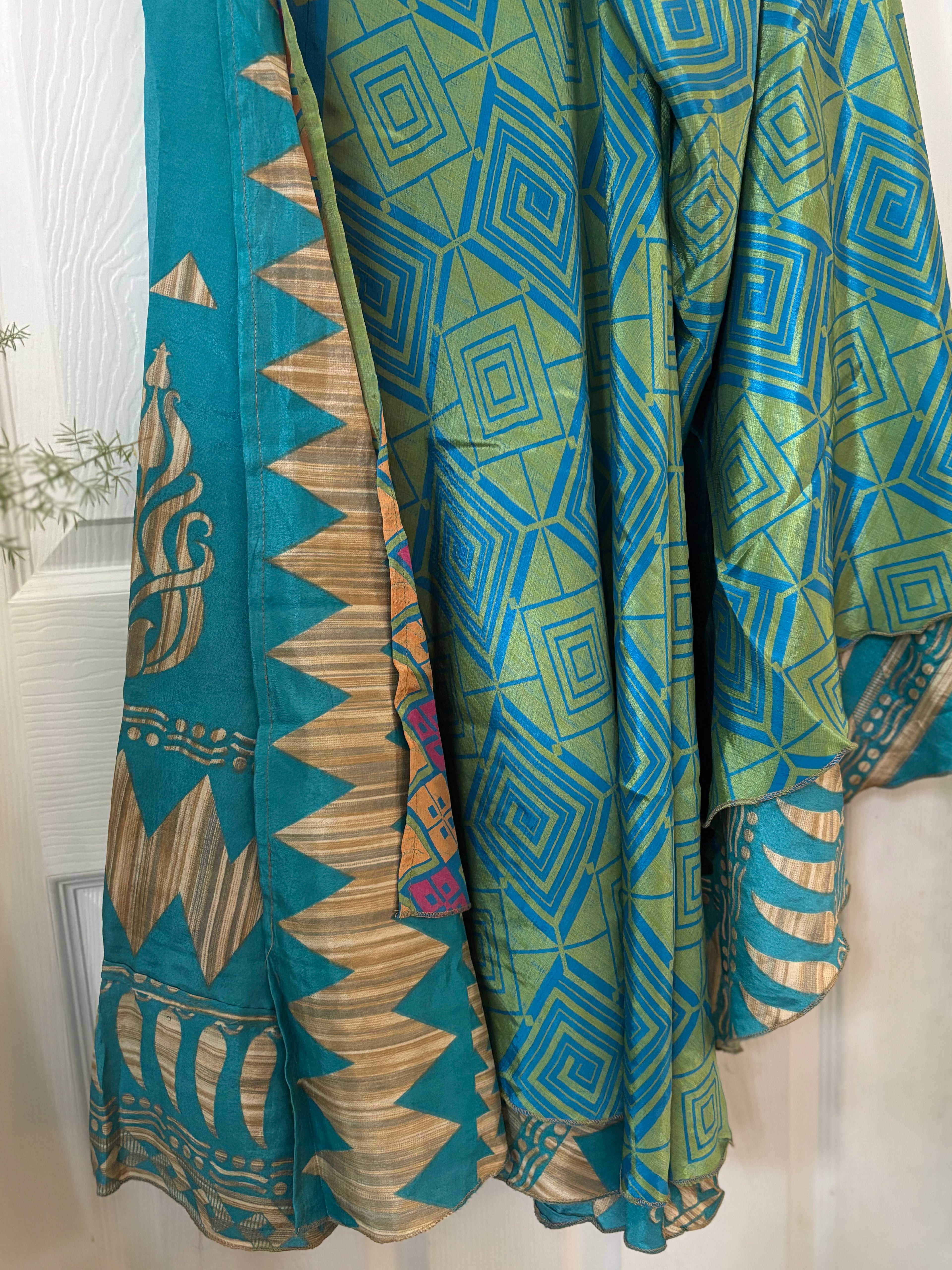 Warfare Worship Skirt | Bohemian Flowy Indian Silk Sari Wrap Skirt - Double Layer , Reversible | Free Flow Dancing Skirt