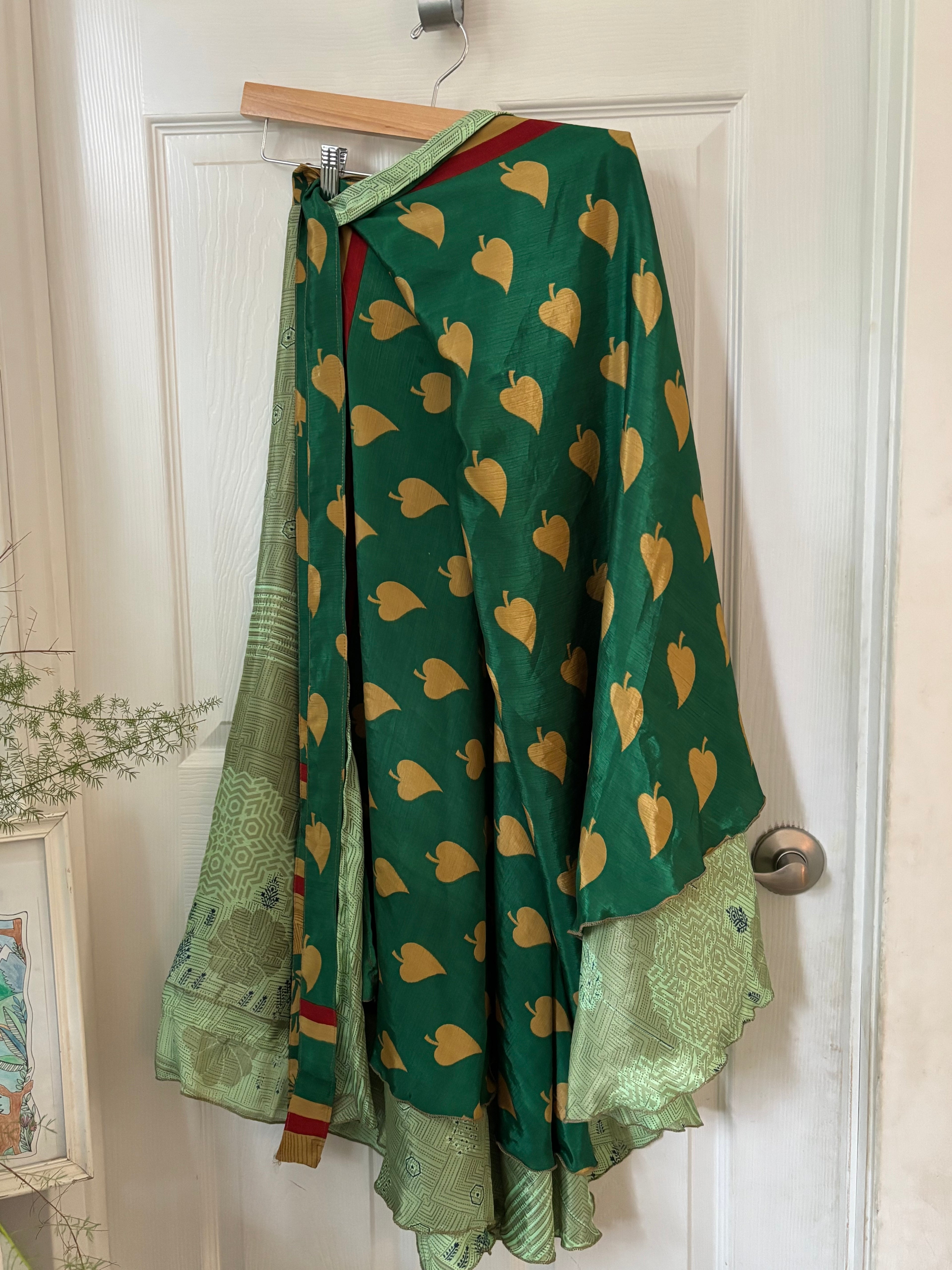 Warfare Worship Skirt | Bohemian Flowy Indian Silk Sari Wrap Skirt - Double Layer , Reversible | Free Flow Dancing Skirt