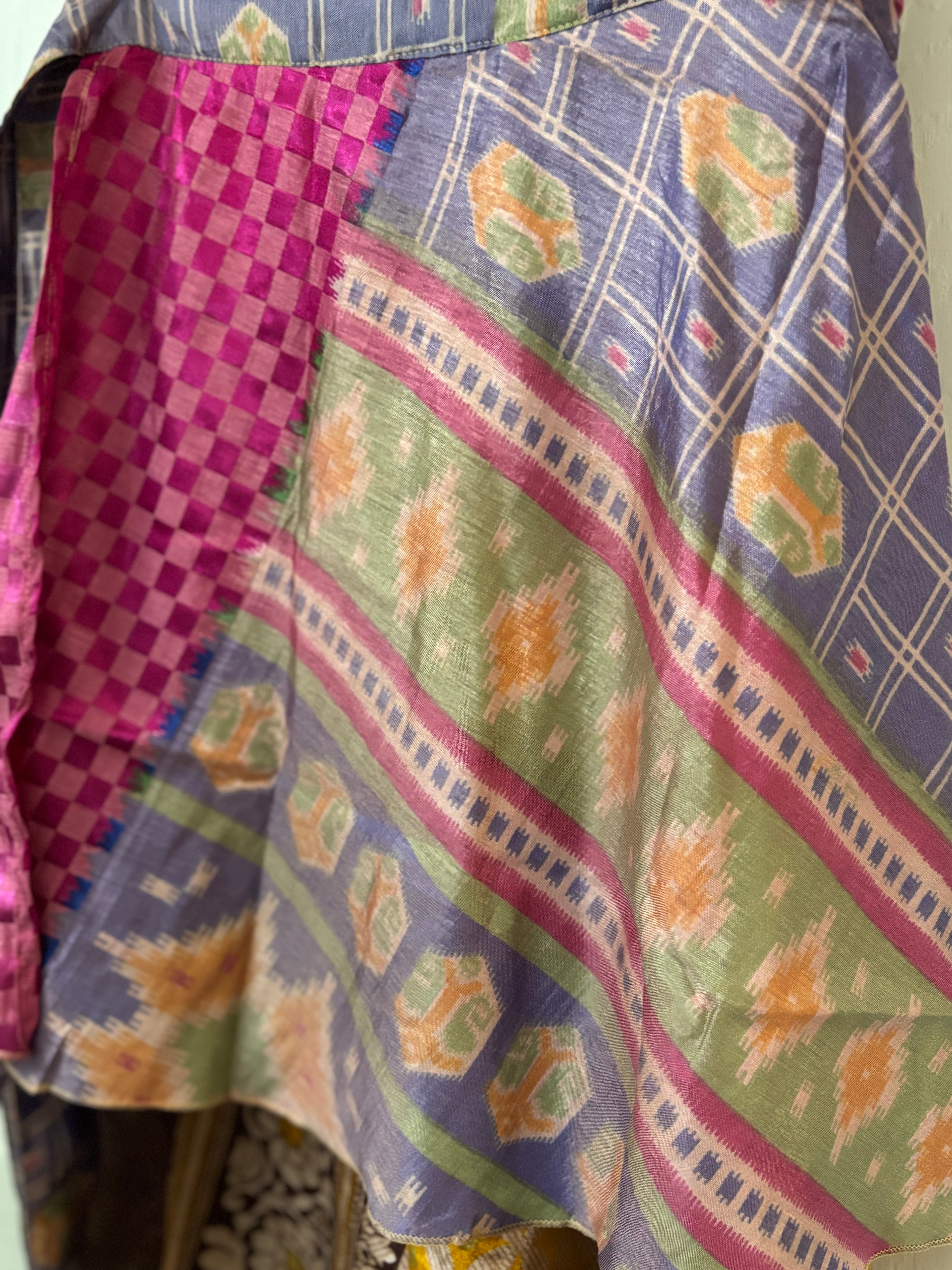 Knee Length Bohemian Flowy Dancing Worship Skirt | Indian Silk Sari Wrap Skirt - Double Layer , Reversible