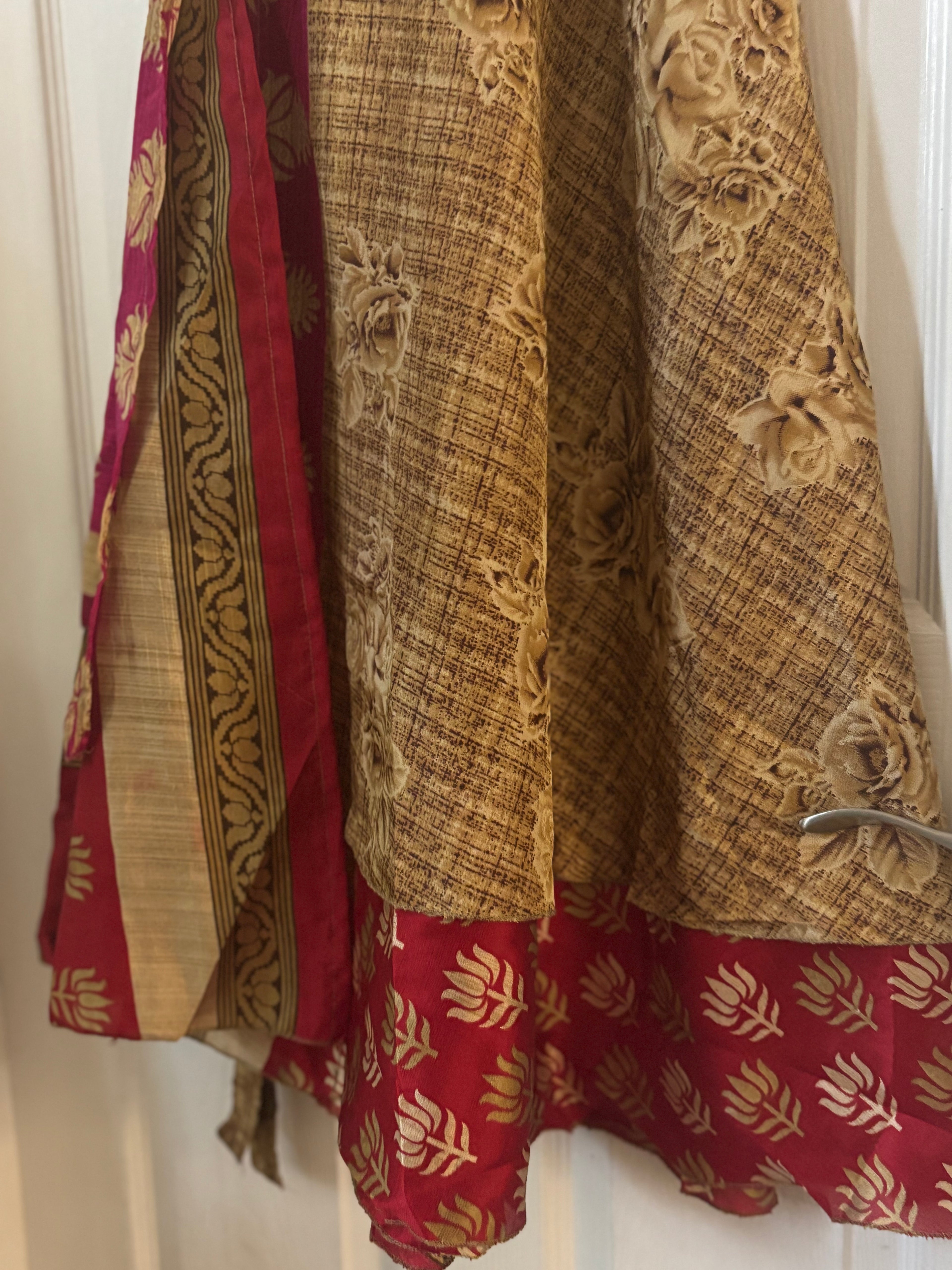 Bohemian Flowy Indian Silk Sari Wrap Skirt - Double Layer , Reversible | Free Flow Dancing Skirt