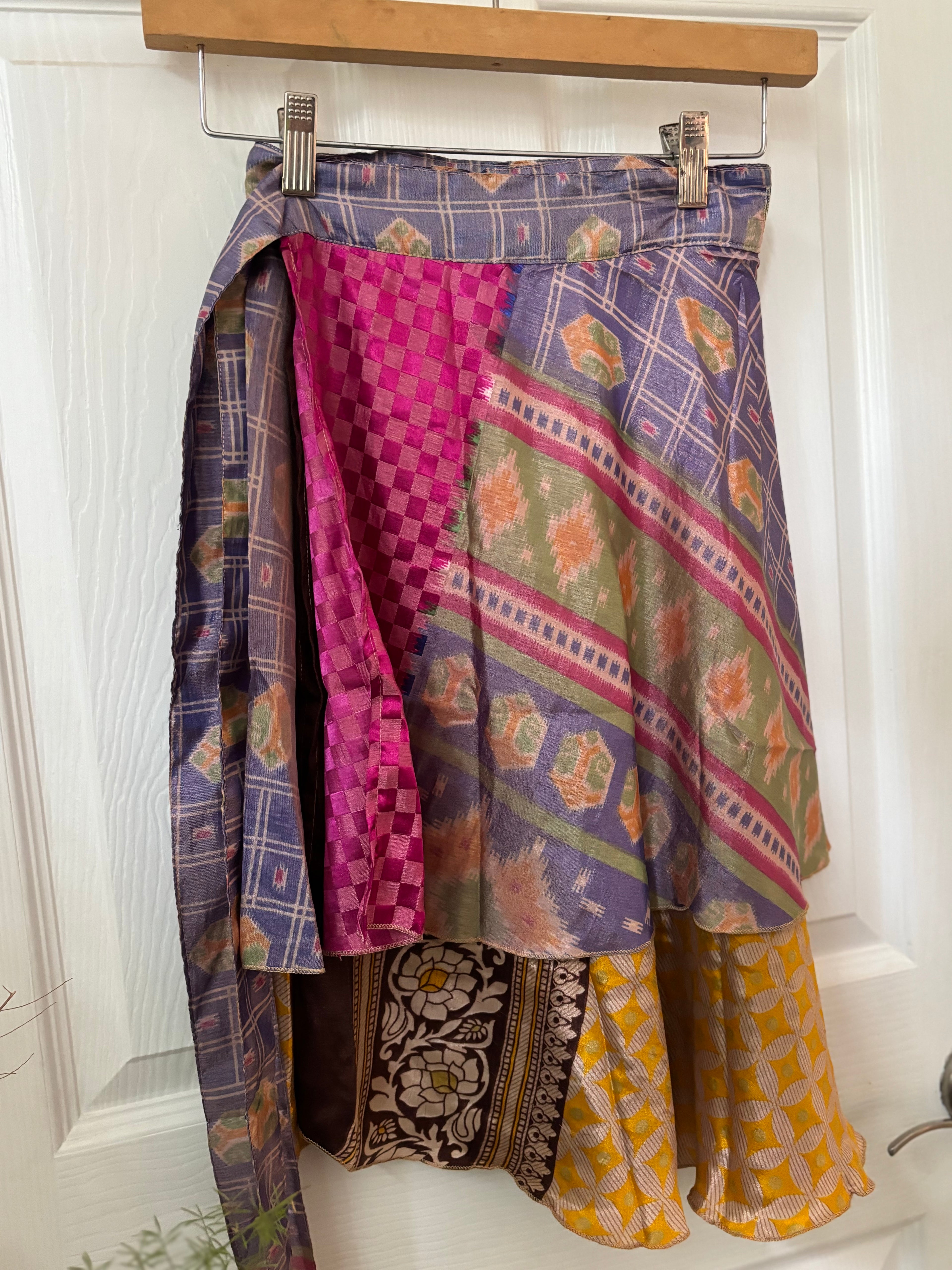 Knee Length Bohemian Flowy Dancing Worship Skirt | Indian Silk Sari Wrap Skirt - Double Layer , Reversible