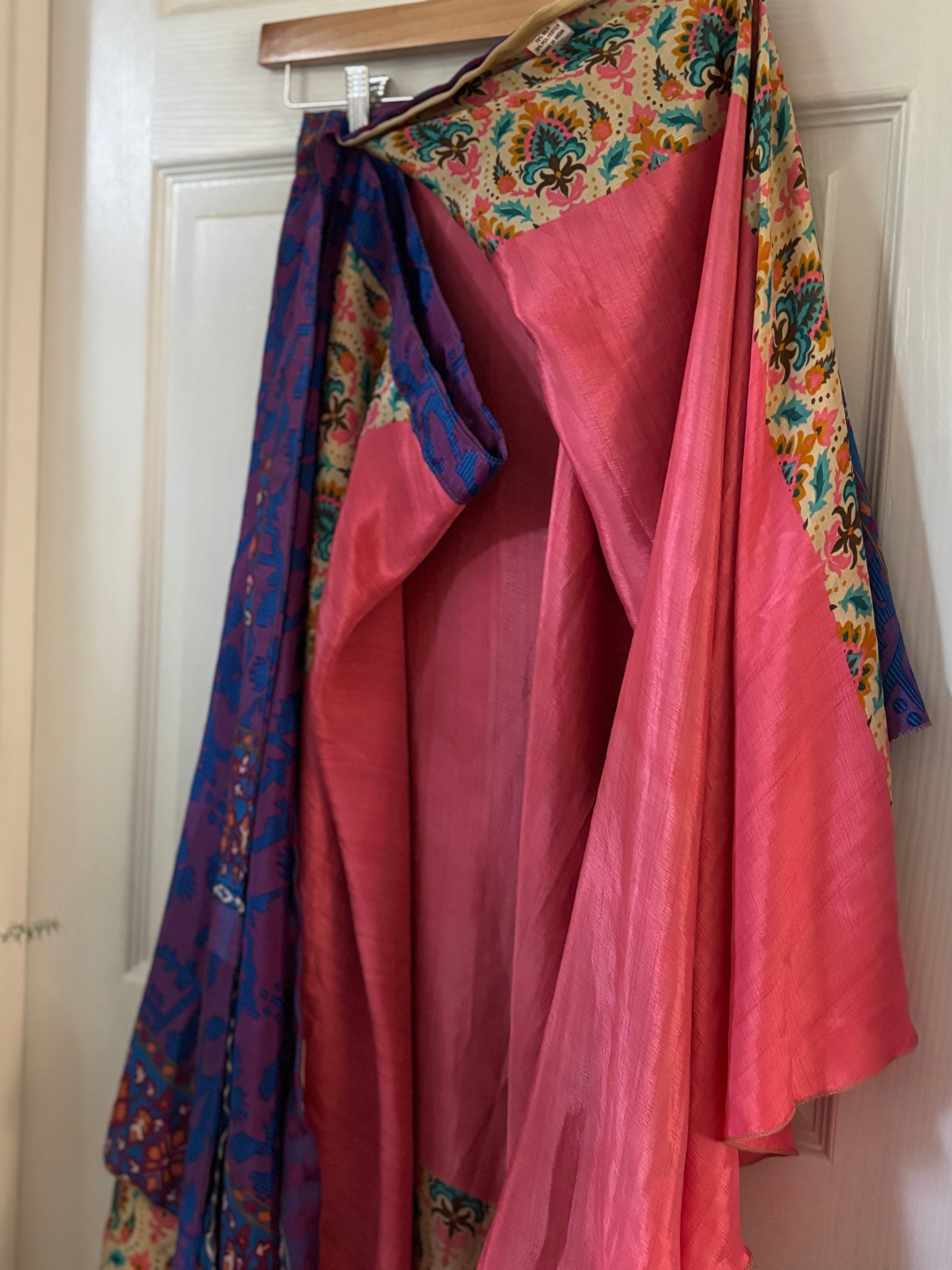 Bohemian Flowy Indian Silk Sari Wrap Skirt - Double Layer , Reversible | Free Flow Dancing Skirt