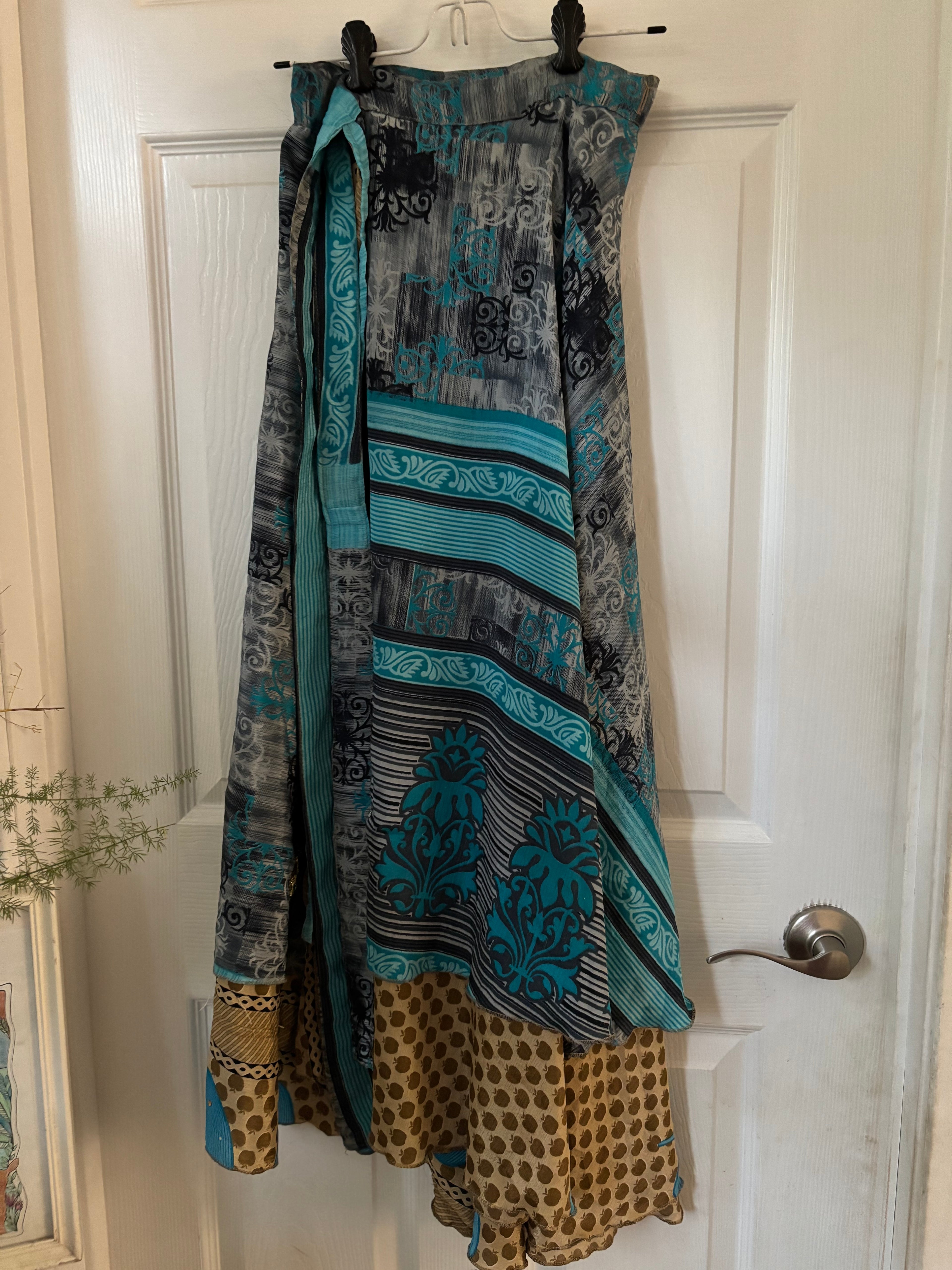 Bohemian Indian Silk Sari Wrap Skirt - Double Layer , Reversible | Free Flow Dancing Skirt