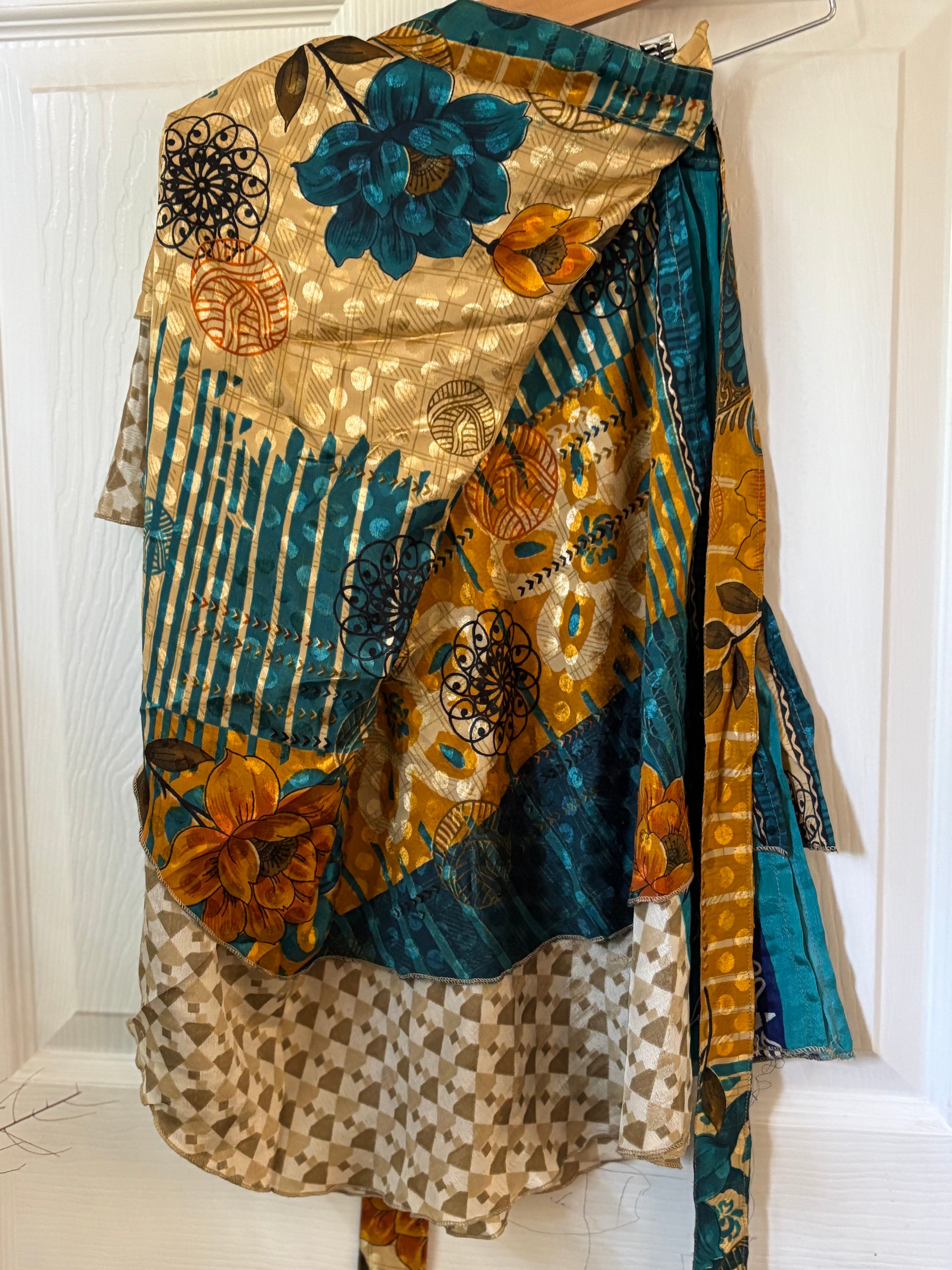 Knee Length Bohemian Flowy Dancing Worship Skirt | Indian Silk Sari Wrap Skirt - Double Layer , Reversible