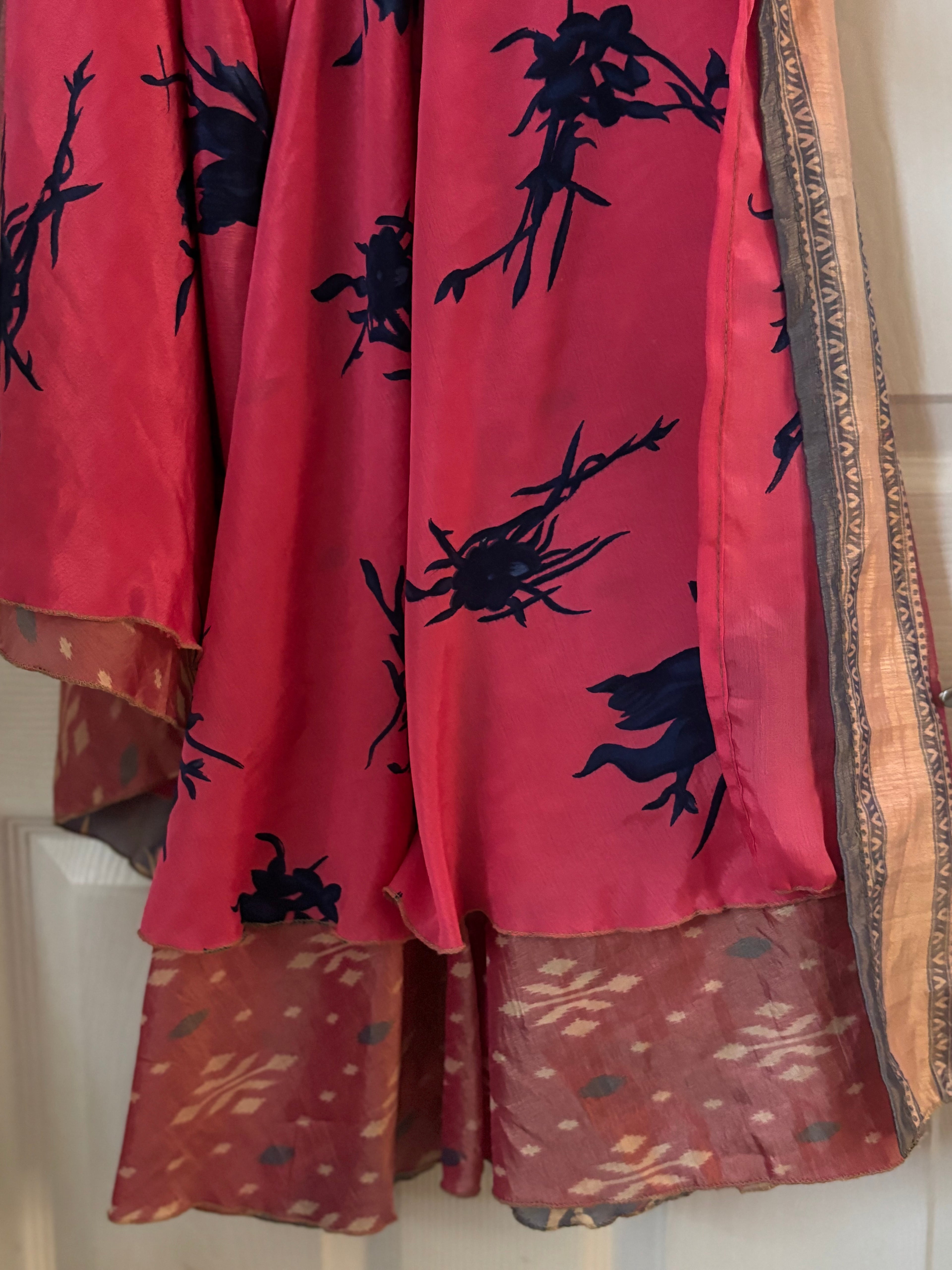 Bohemian Flowy Indian Silk Sari Wrap Skirt - Double Layer , Reversible | Free Flow Dancing Skirt