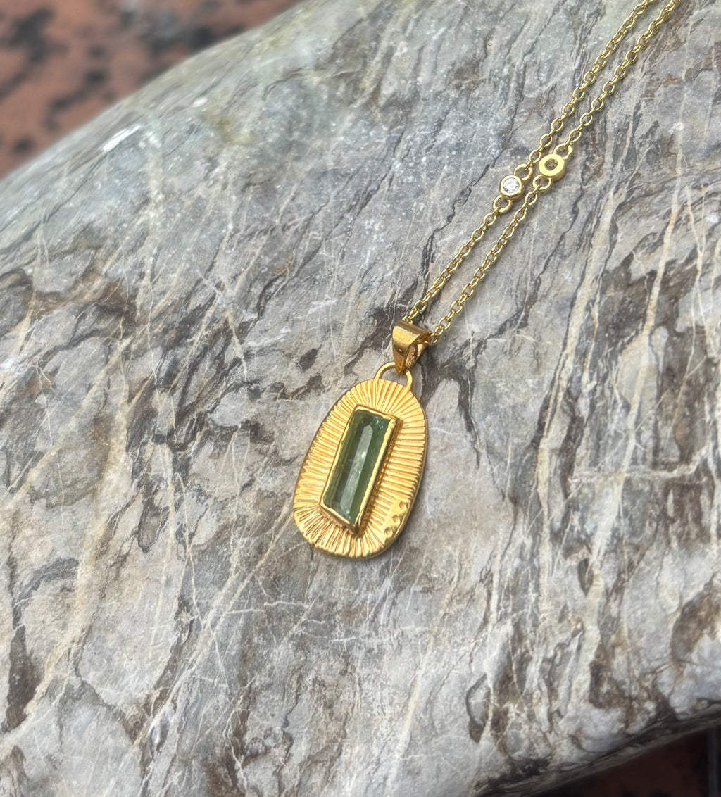 14k Gold Bicolor Green Ombre Tourmaline Sunburst Necklace
