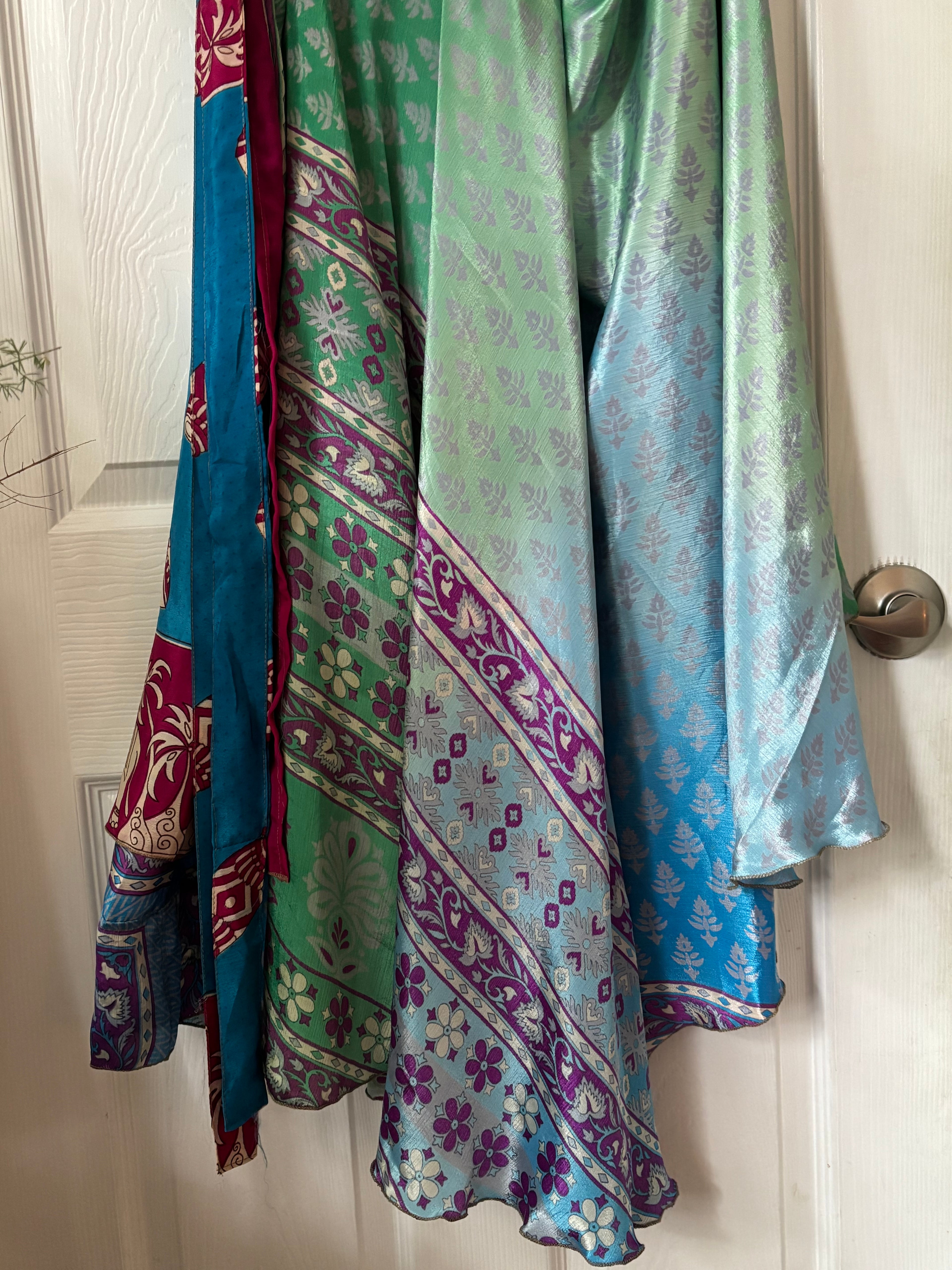 Warfare Worship Skirt | Bohemian Flowy Indian Silk Sari Wrap Skirt - Double Layer , Reversible | Free Flow Dancing Skirt