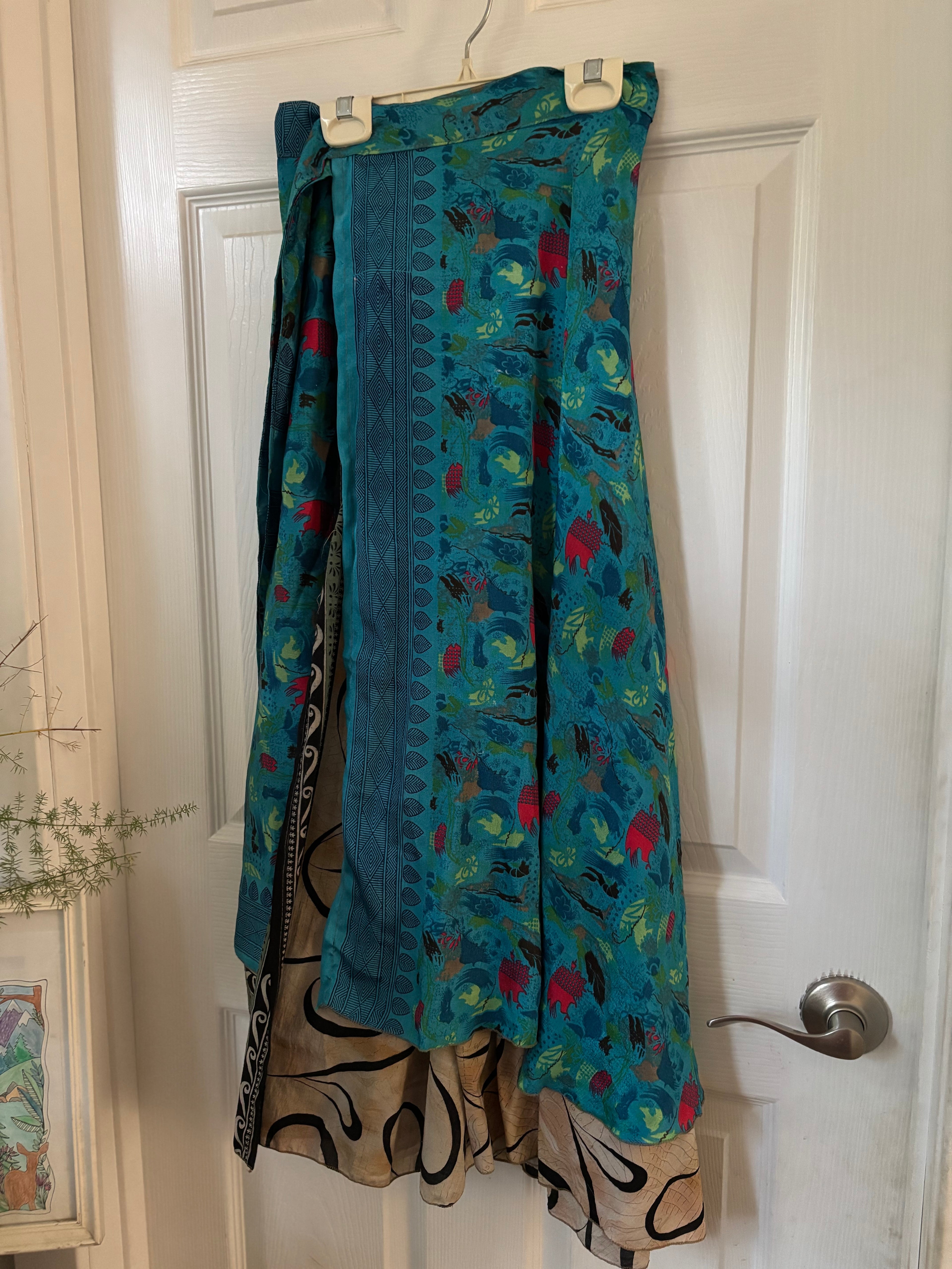 Bohemian Indian Silk Sari Wrap Skirt - Double Layer , Reversible | Free Flow Dancing Skirt