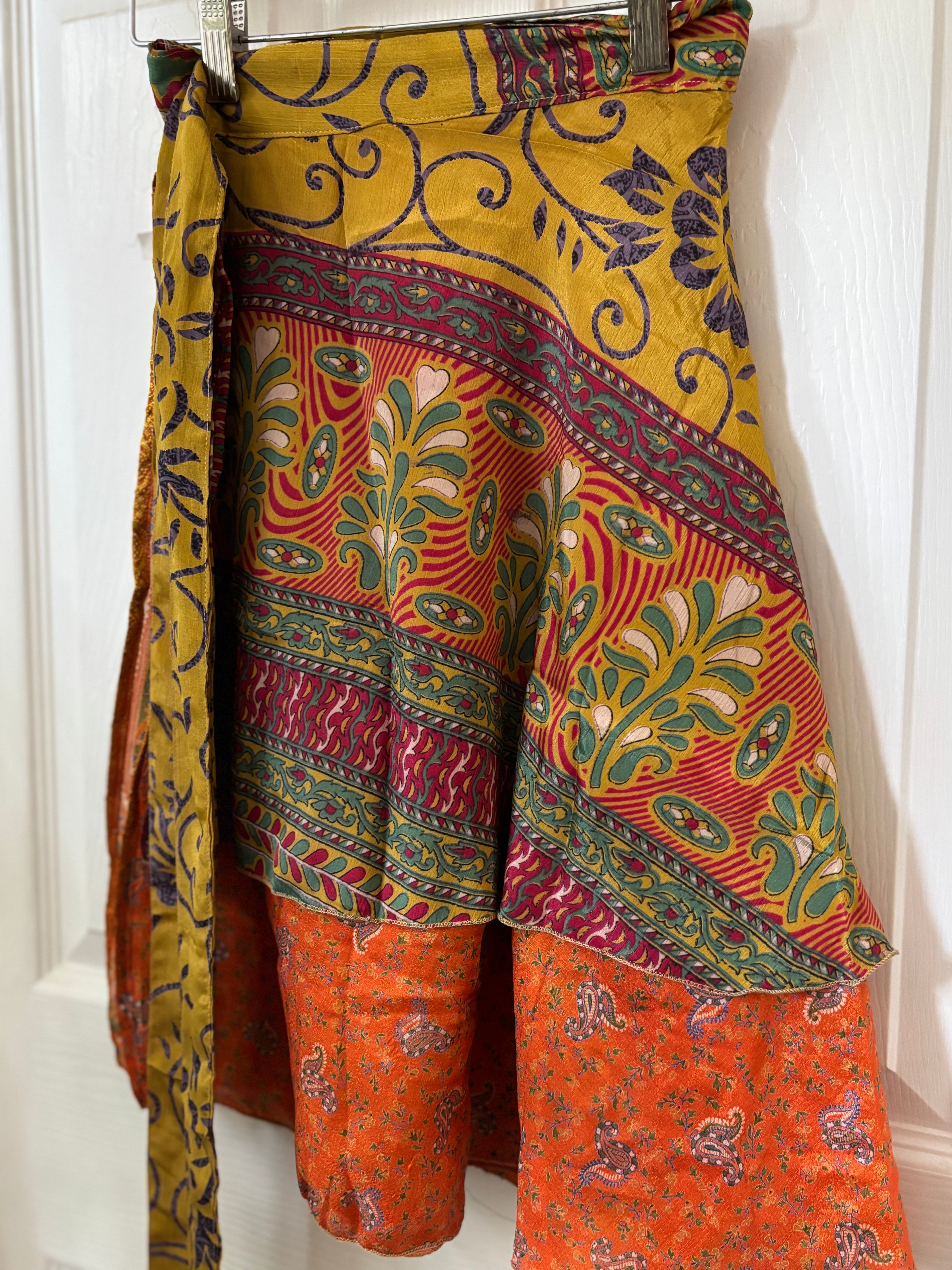Knee Length Bohemian Flowy Dancing Worship Skirt | Indian Silk Sari Wrap Skirt - Double Layer , Reversible