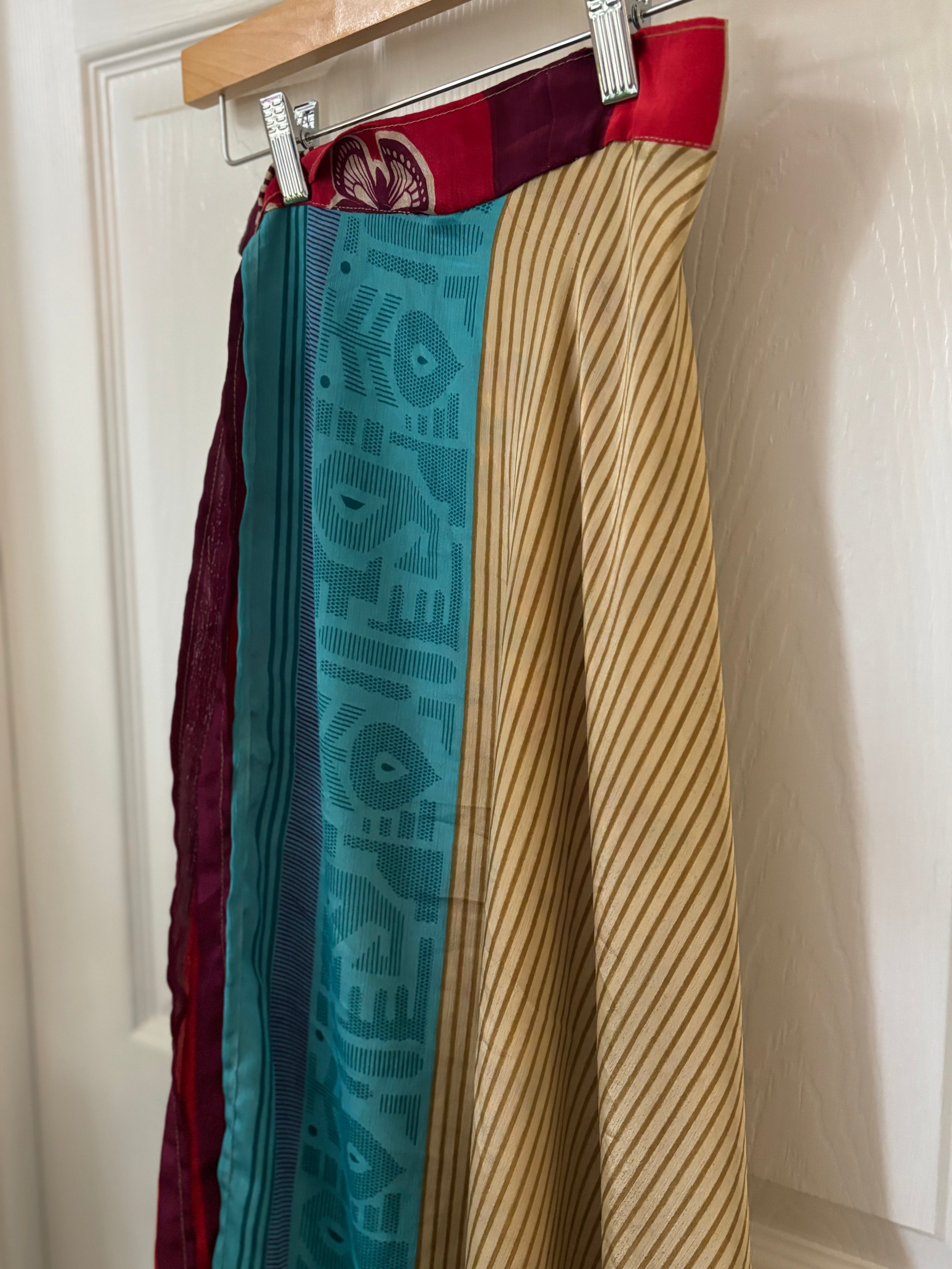 Warfare Worship Skirt | Bohemian Flowy Indian Silk Sari Wrap Skirt - Double Layer , Reversible | Free Flow Dancing Skirt