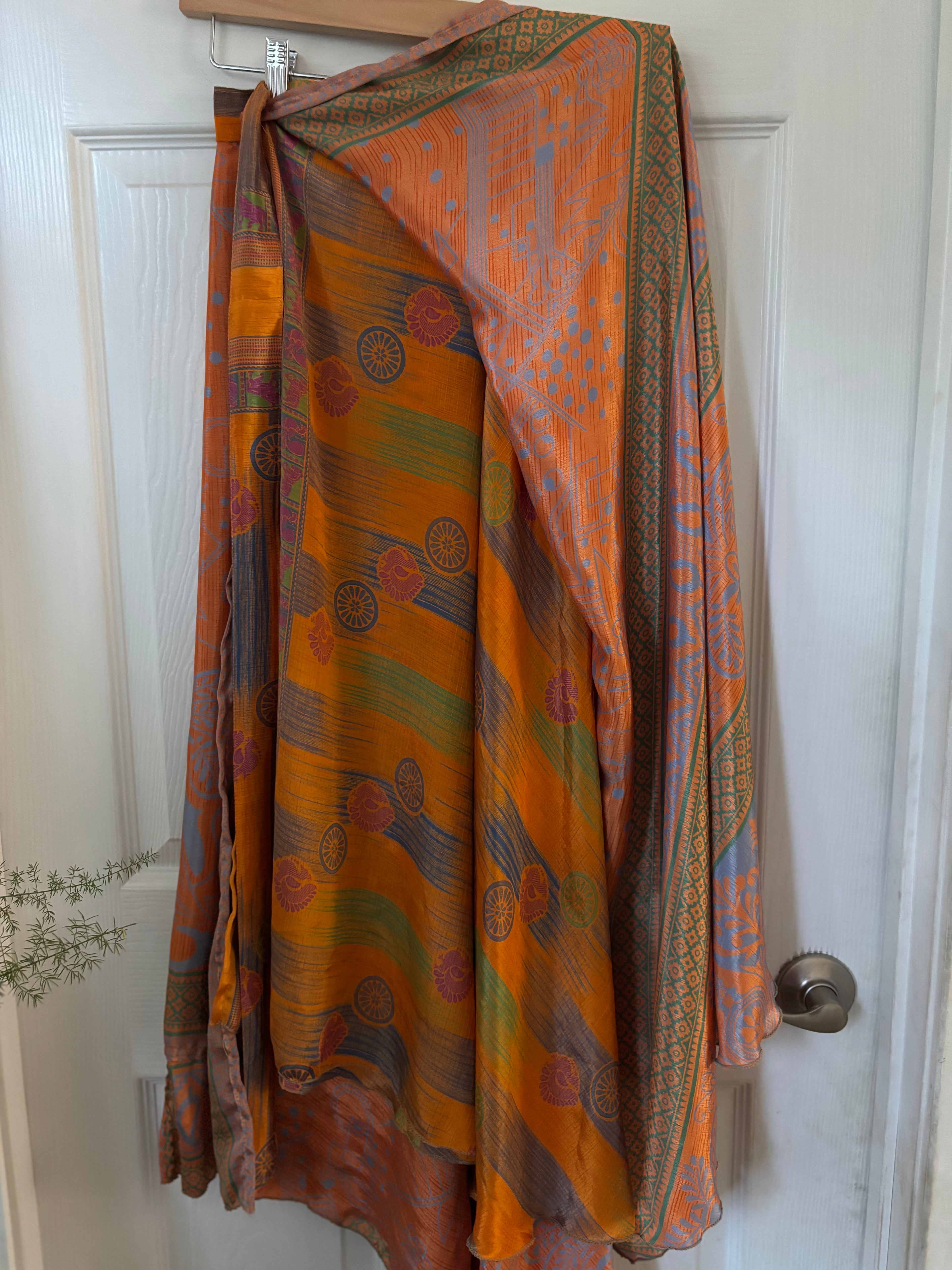 Bohemian Indian Silk Sari Wrap Skirt - Double Layer , Reversible | Free Flow Dancing Skirt