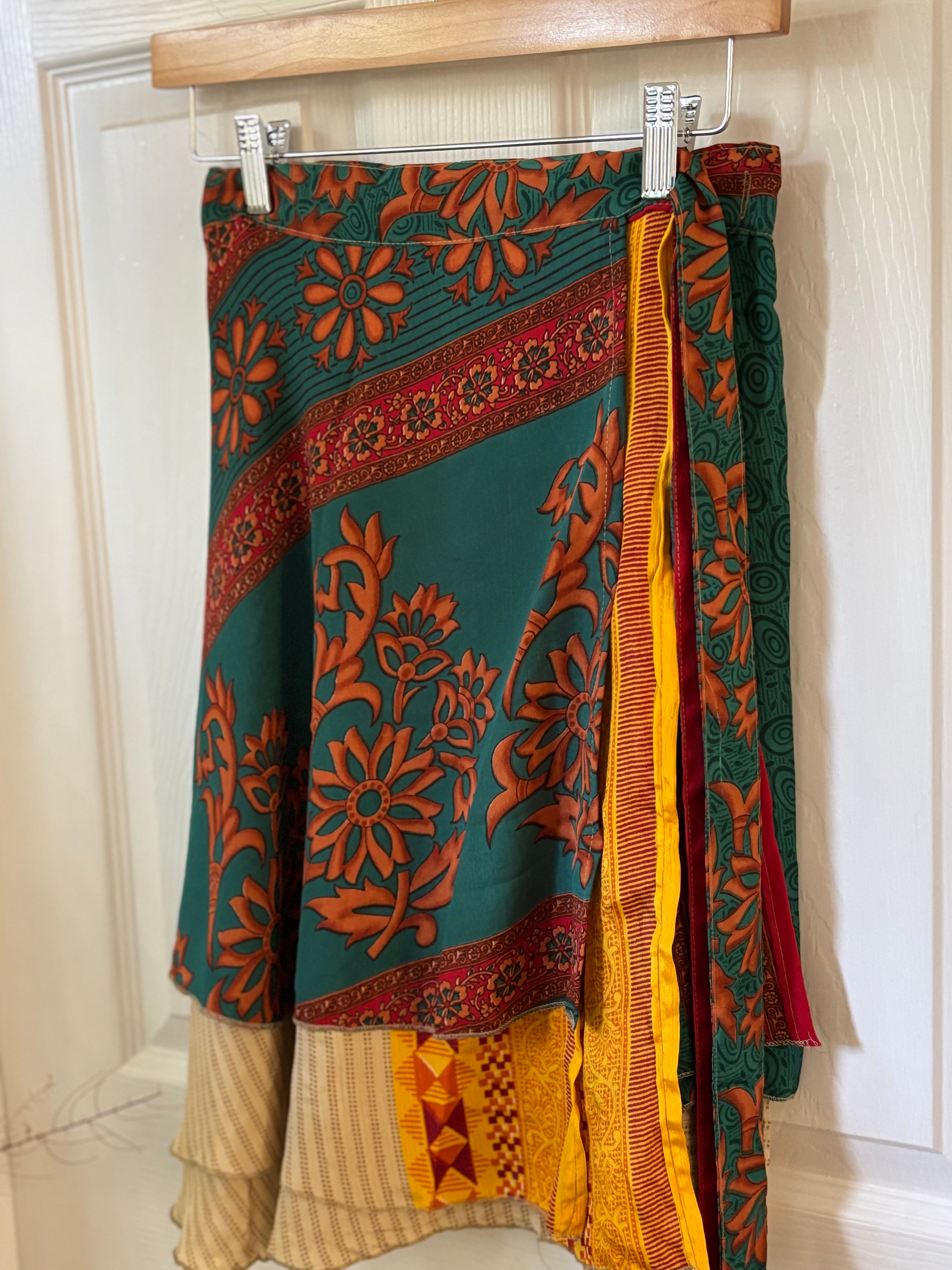 Knee Length Bohemian Flowy Dancing Worship Skirt | Indian Silk Sari Wrap Skirt - Double Layer , Reversible