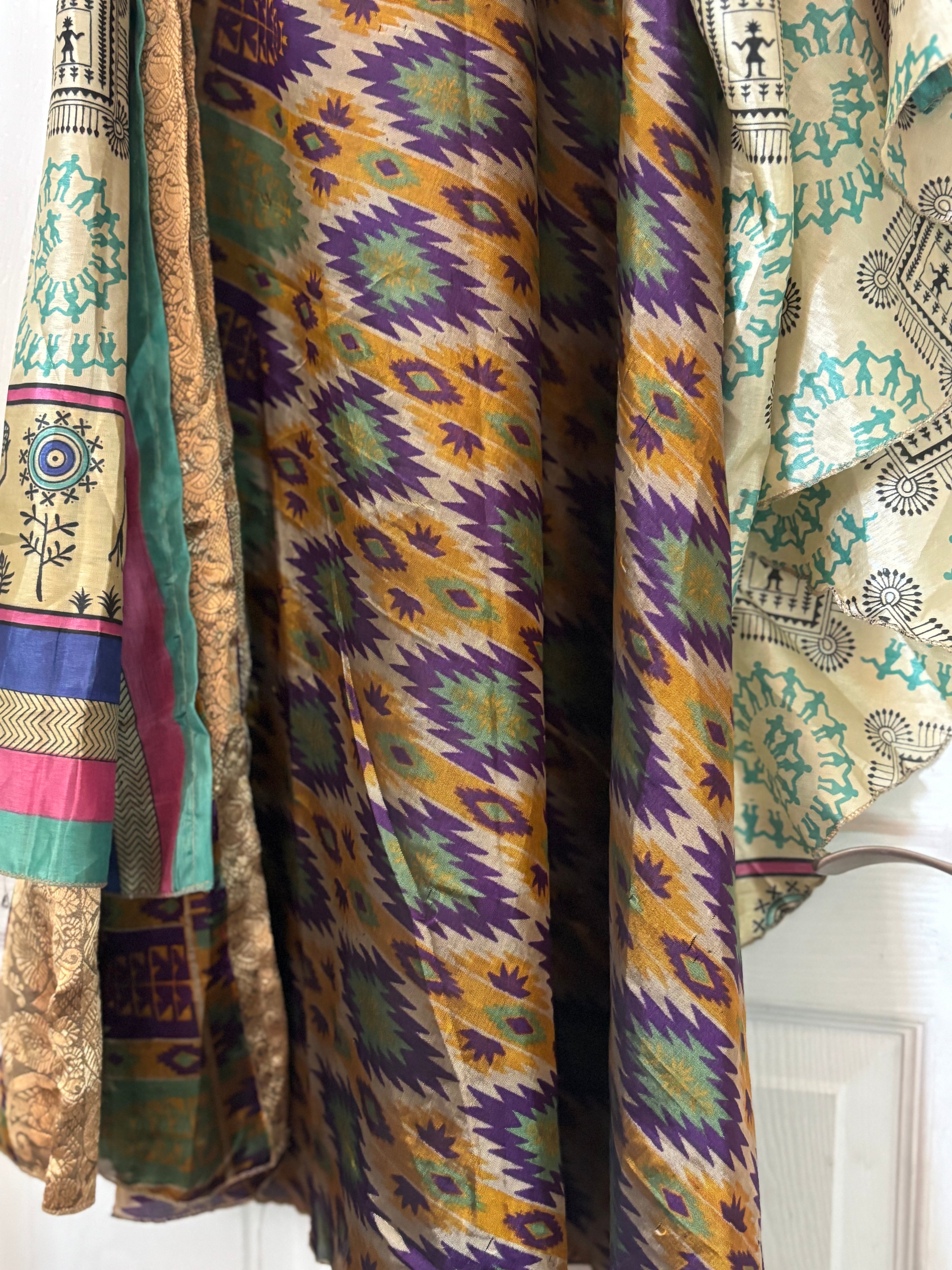 Bohemian Flowy Indian Silk Sari Wrap Skirt - Double Layer , Reversible | Free Flow Dancing Skirt