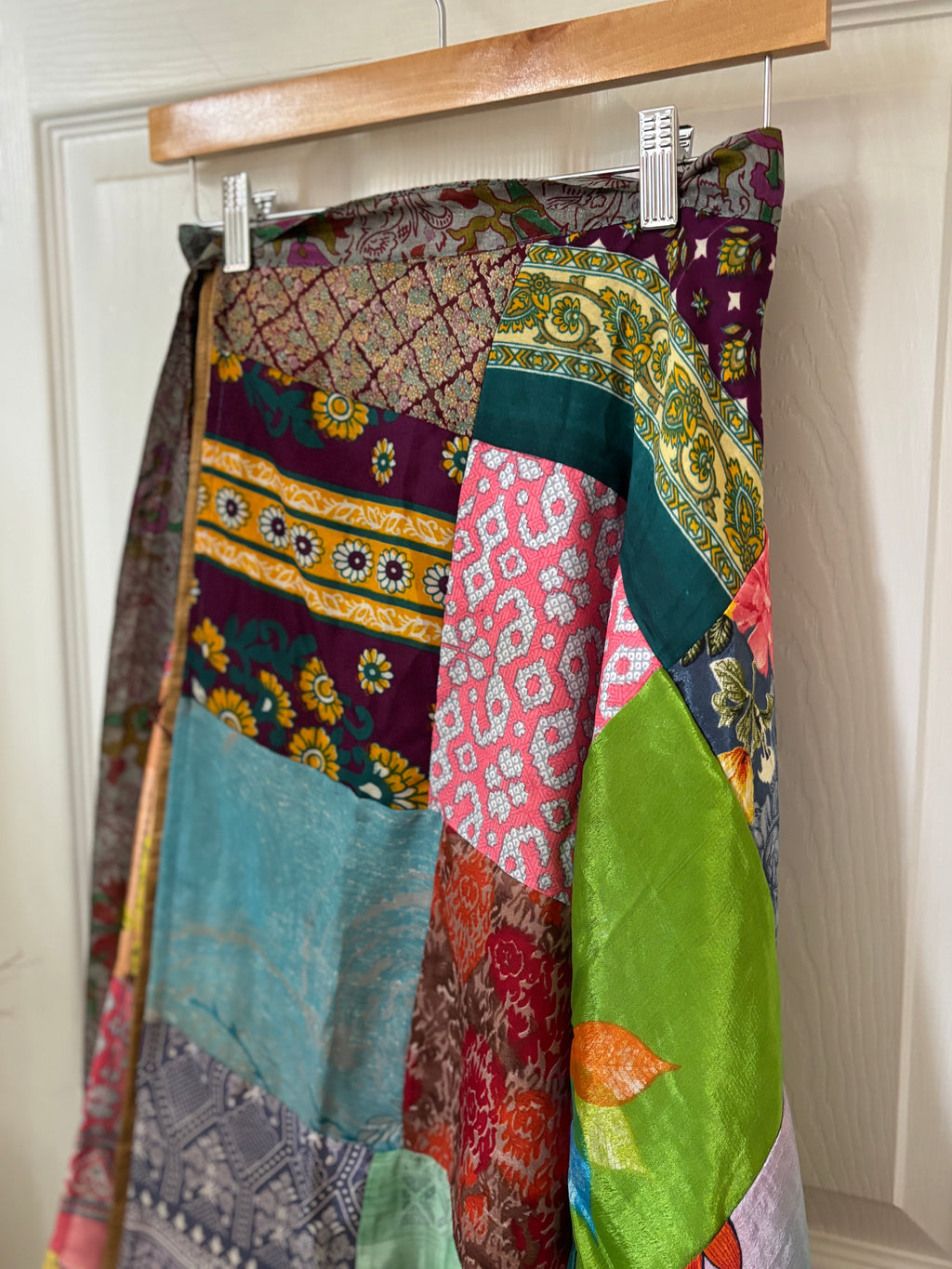 Bohemian Patchwork Flowy Indian Silk Sari Wrap Skirt - Double Layer , Reversible | Free Flow Dancing Skirt