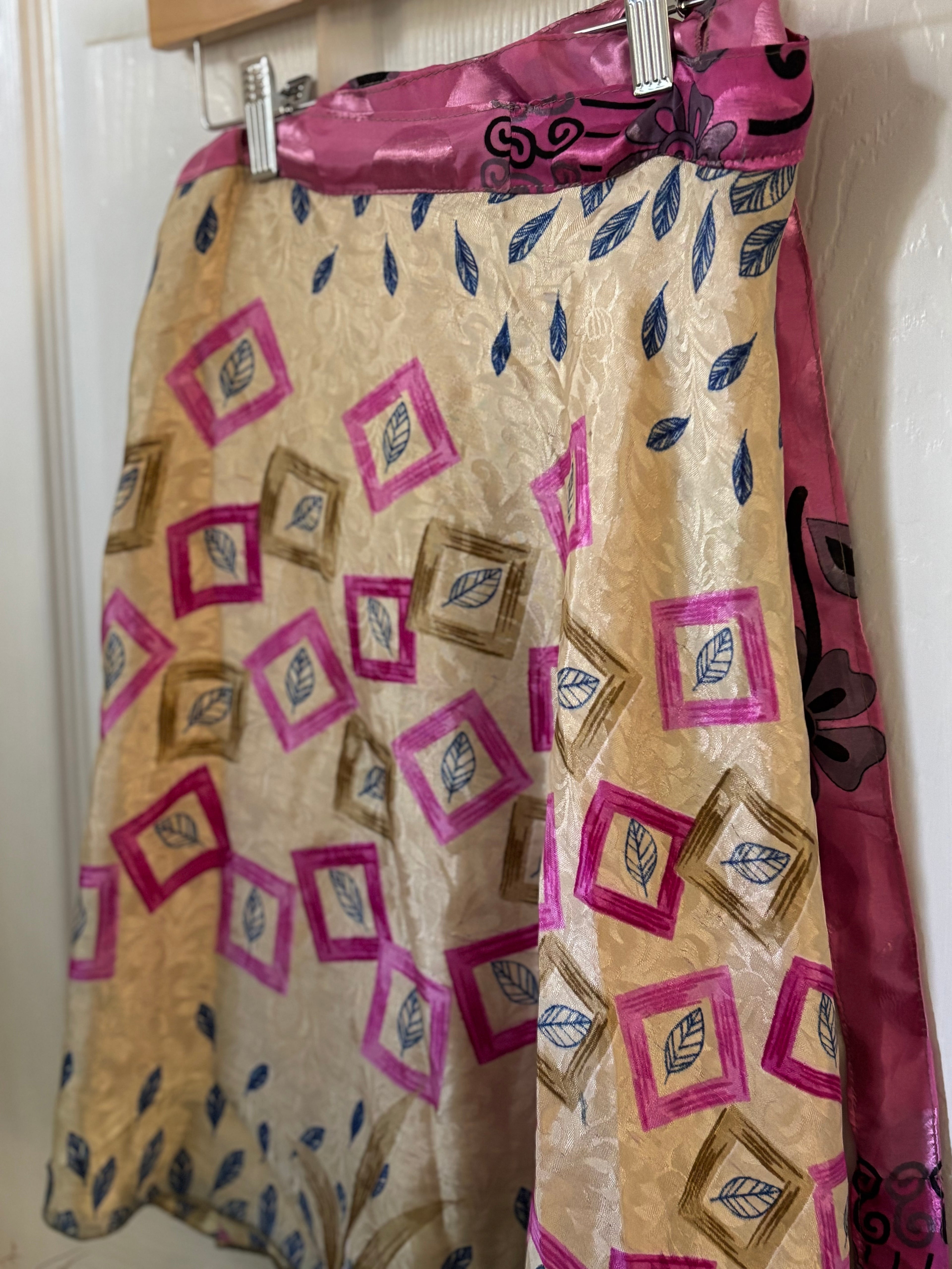 Knee Length Bohemian Flowy Dancing Worship Skirt | Indian Silk Sari Wrap Skirt - Double Layer , Reversible