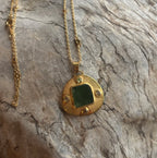 14k Gold Green Jade + Sapphire Hand Etched Necklace