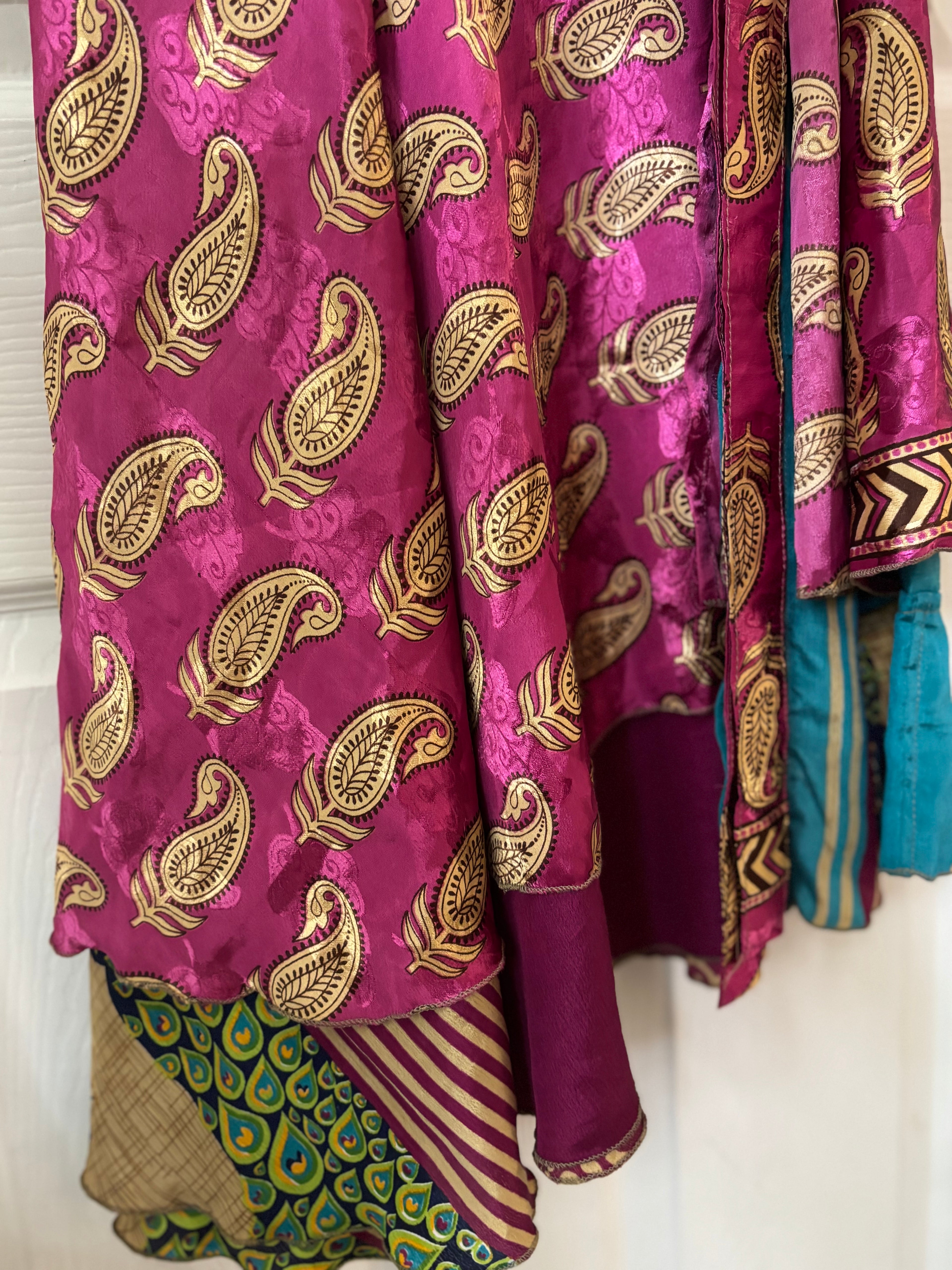 Warfare Worship Skirt | Bohemian Flowy Indian Silk Sari Wrap Skirt - Double Layer , Reversible | Free Flow Dancing Skirt