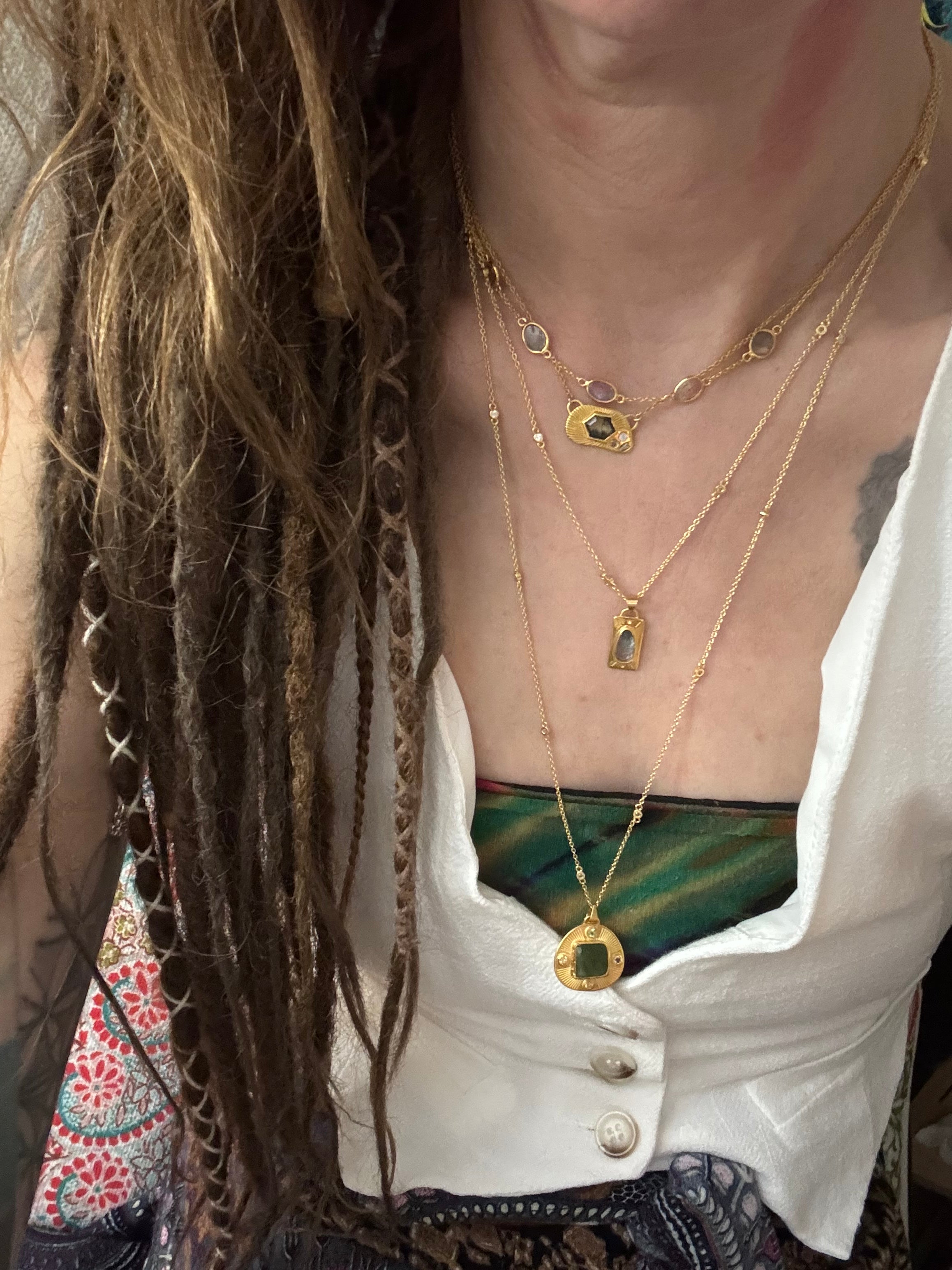 14k Gold Green Jade + Sapphire Hand Etched Necklace