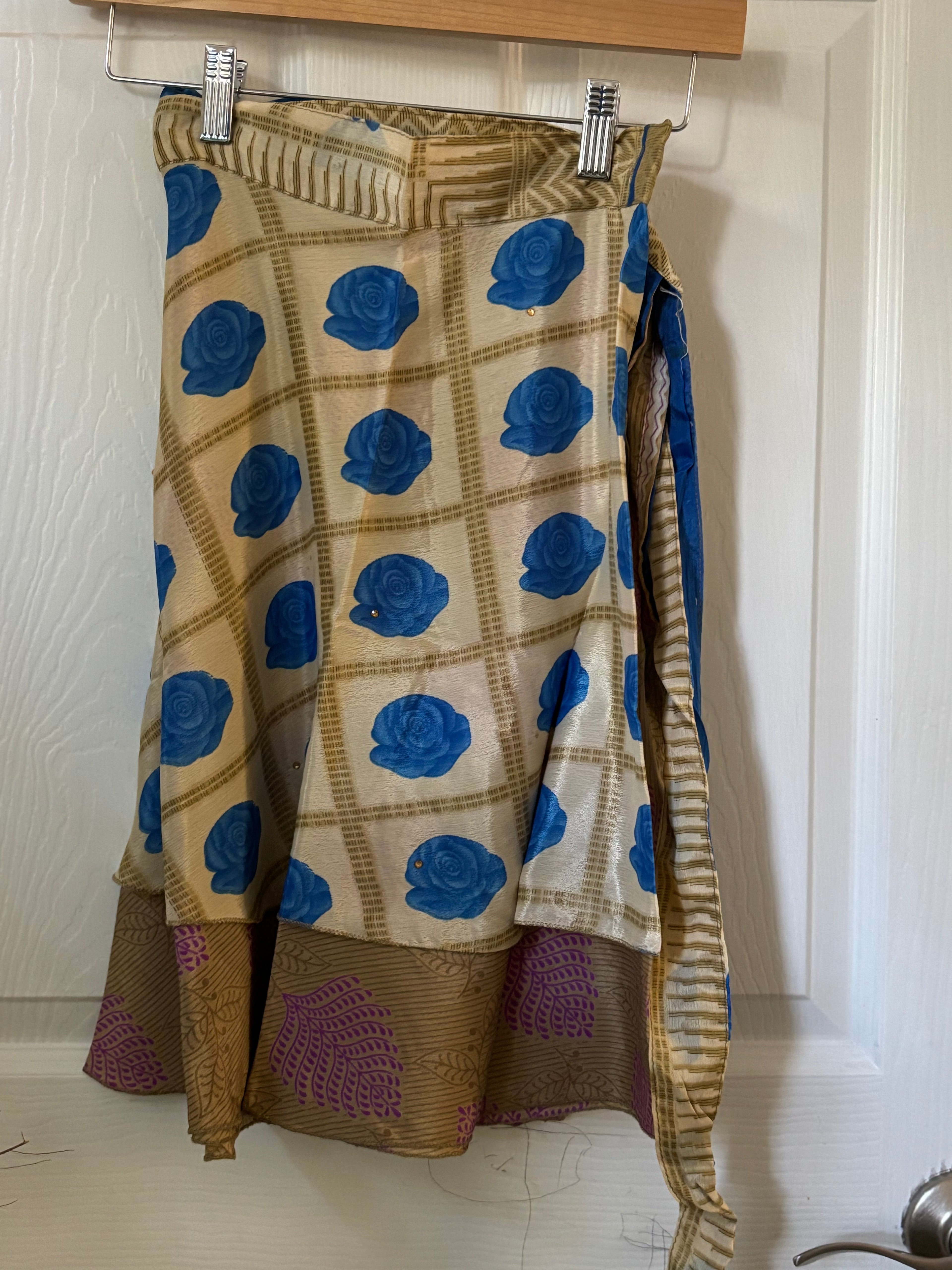 Knee Length Bohemian Flowy Dancing Worship Skirt | Indian Silk Sari Wrap Skirt - Double Layer , Reversible