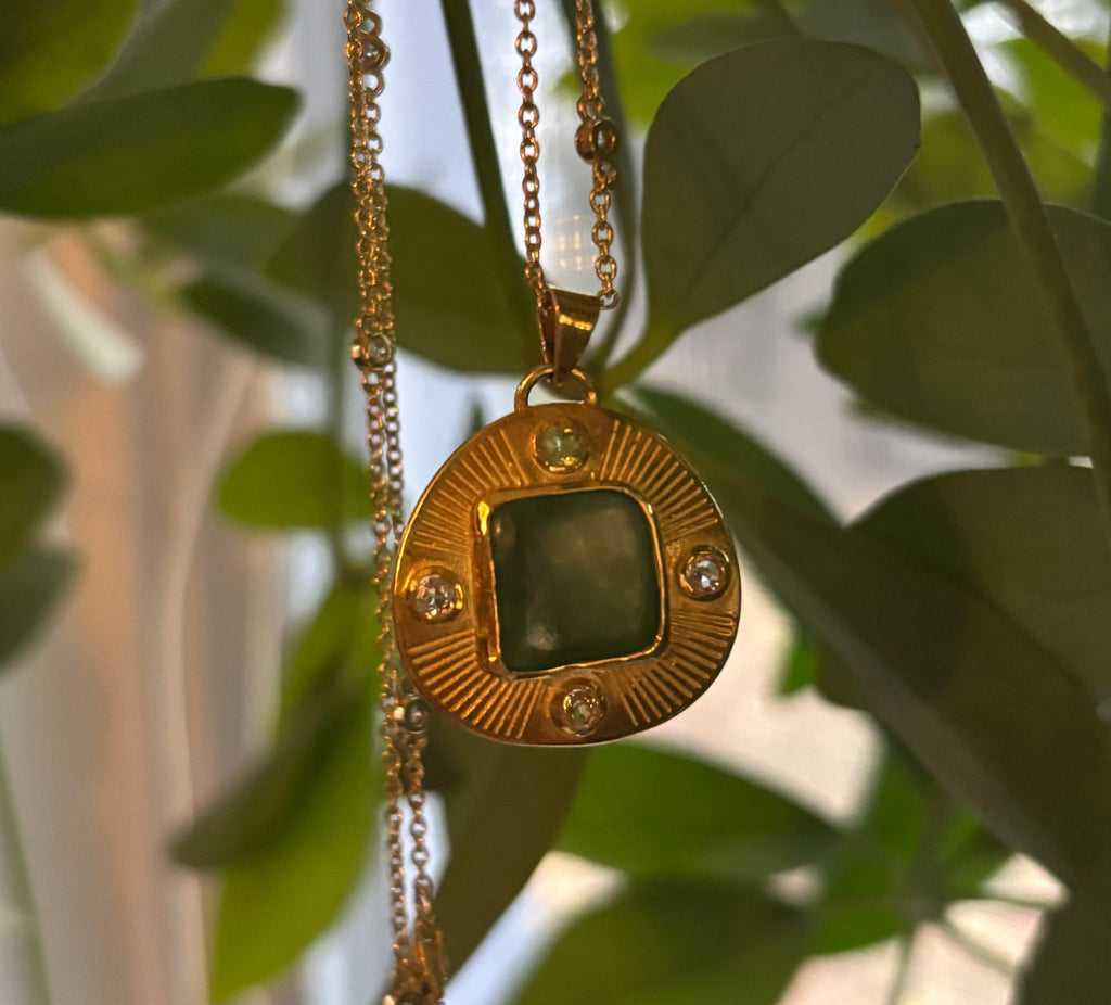 14k Gold Green Jade + Sapphire Hand Etched Necklace