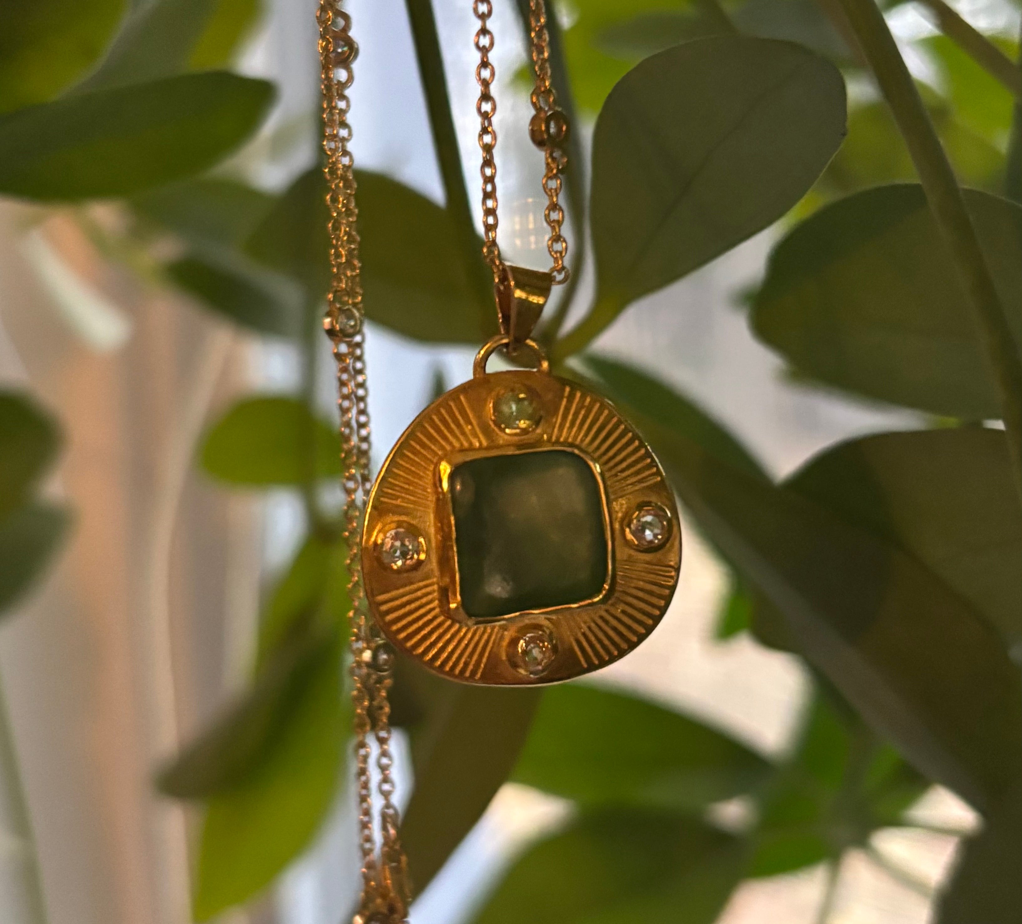 14k Gold Green Jade + Sapphire Hand Etched Necklace