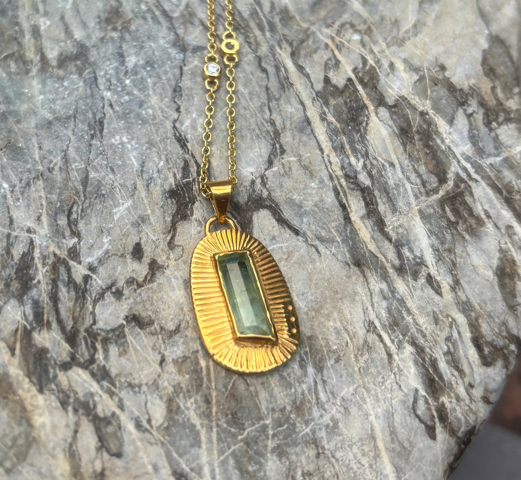 14k Gold Bicolor Green Ombre Tourmaline Sunburst Necklace