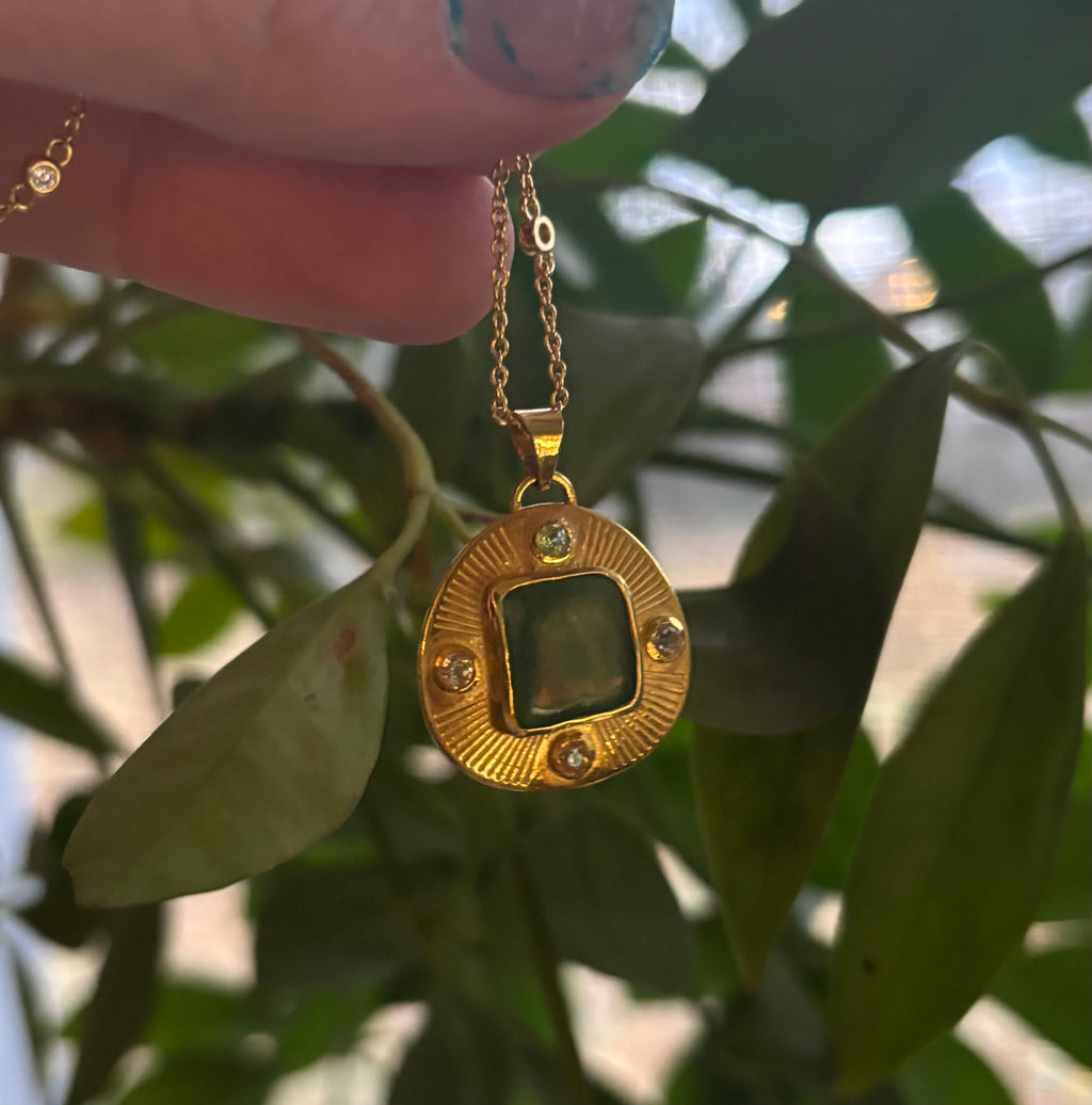 14k Gold Green Jade + Sapphire Hand Etched Necklace