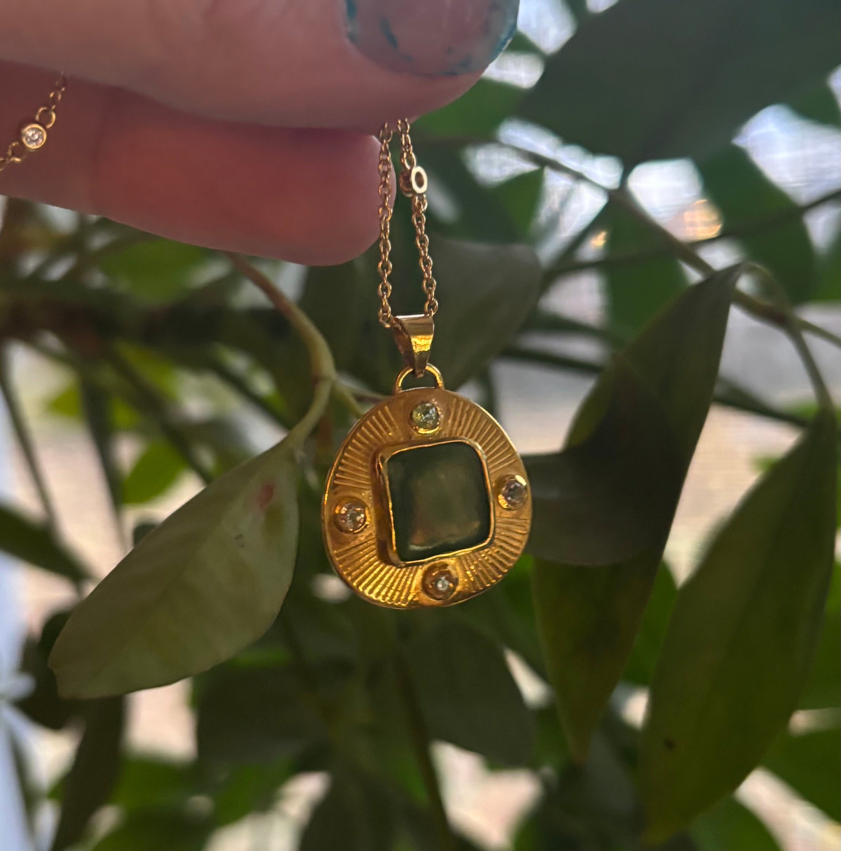 14k Gold Green Jade + Sapphire Hand Etched Necklace